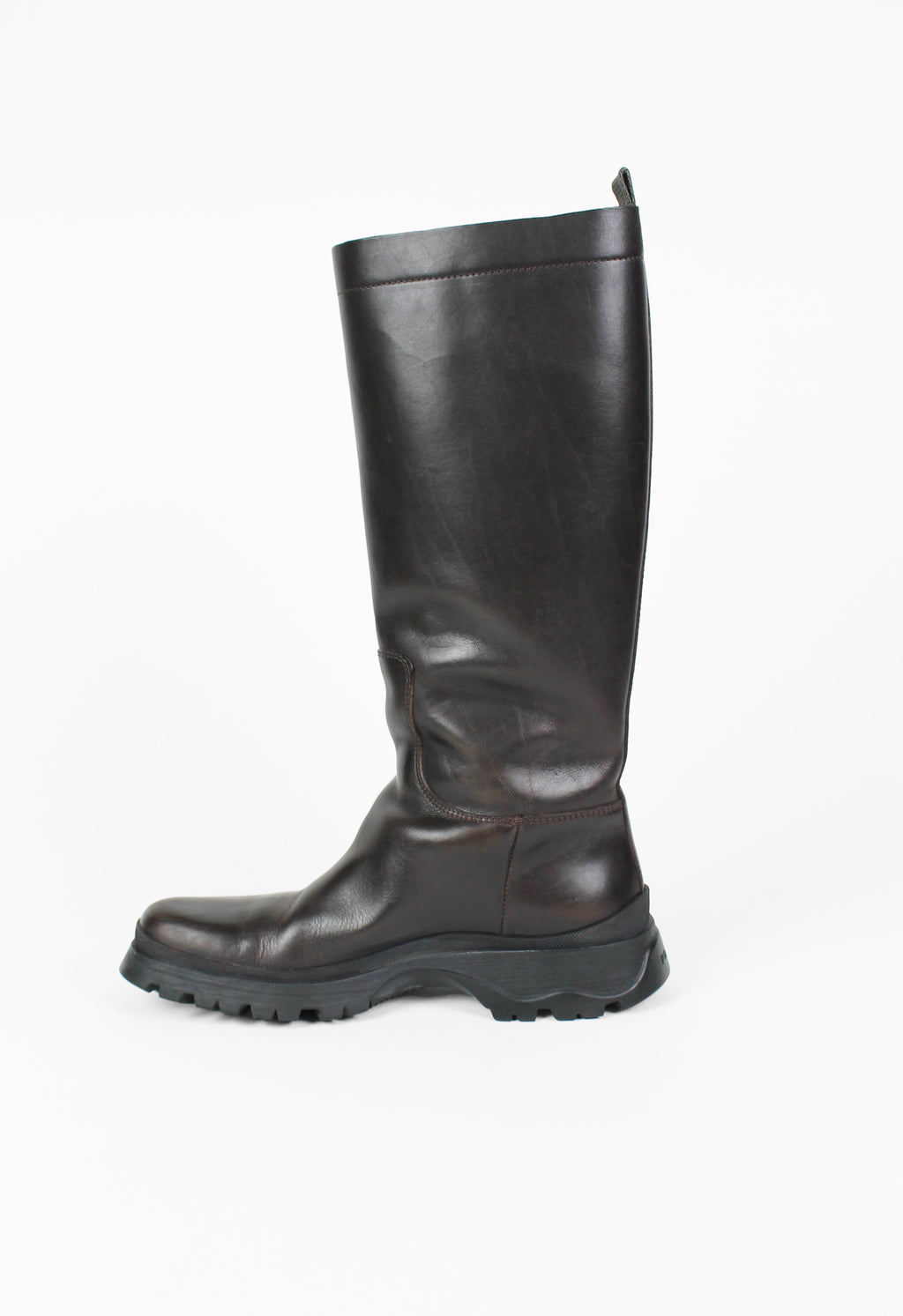 PRADA TALL BROWN LUG SOLE BOOTS