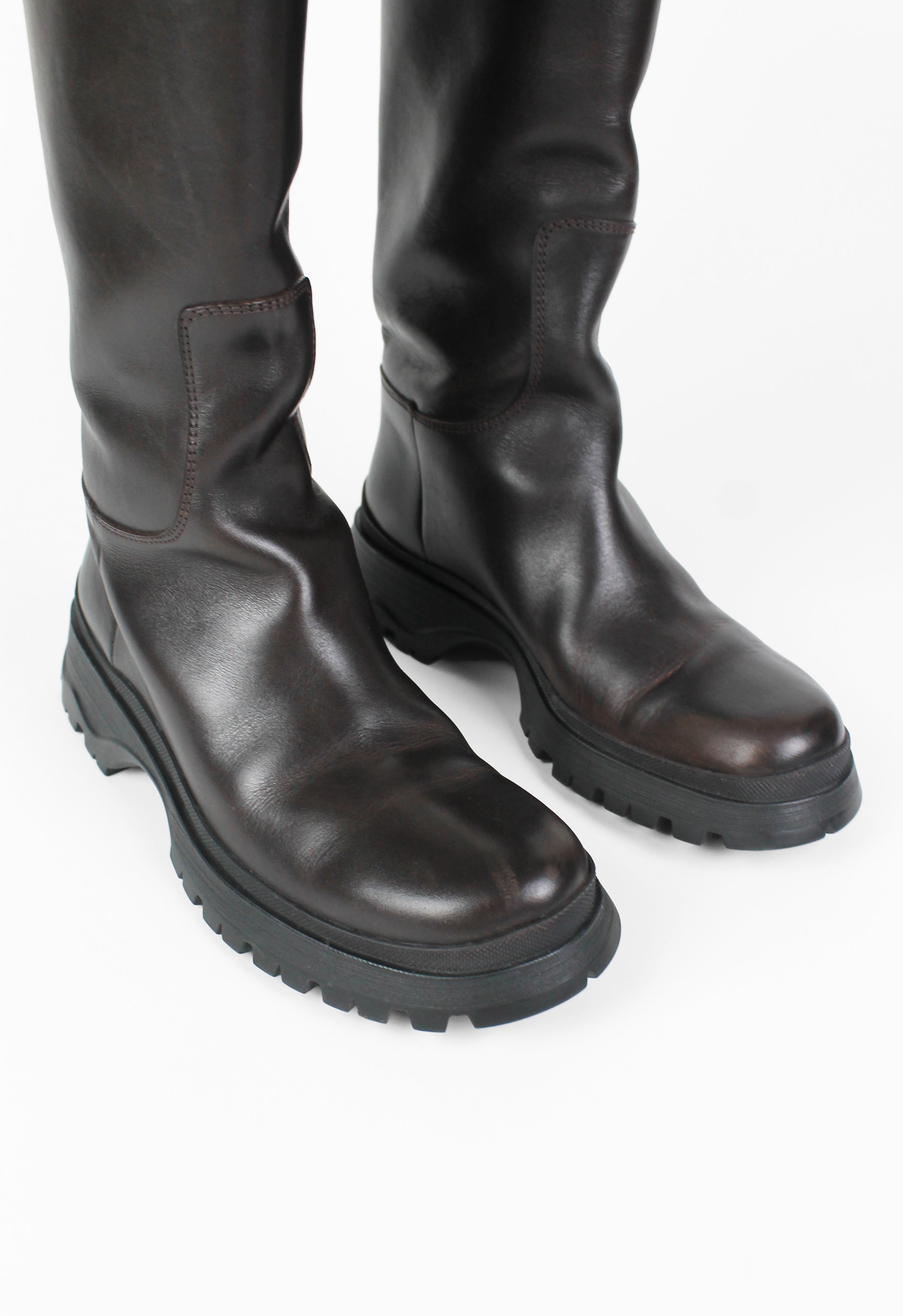 PRADA TALL BROWN LUG SOLE BOOTS