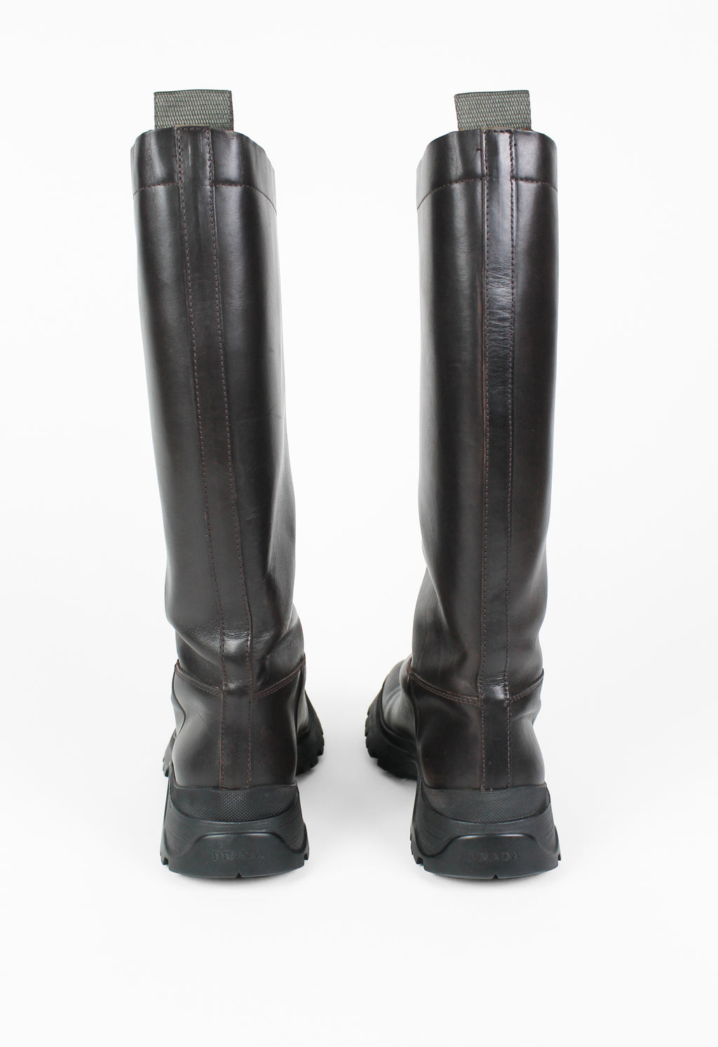 PRADA TALL BROWN LUG SOLE BOOTS