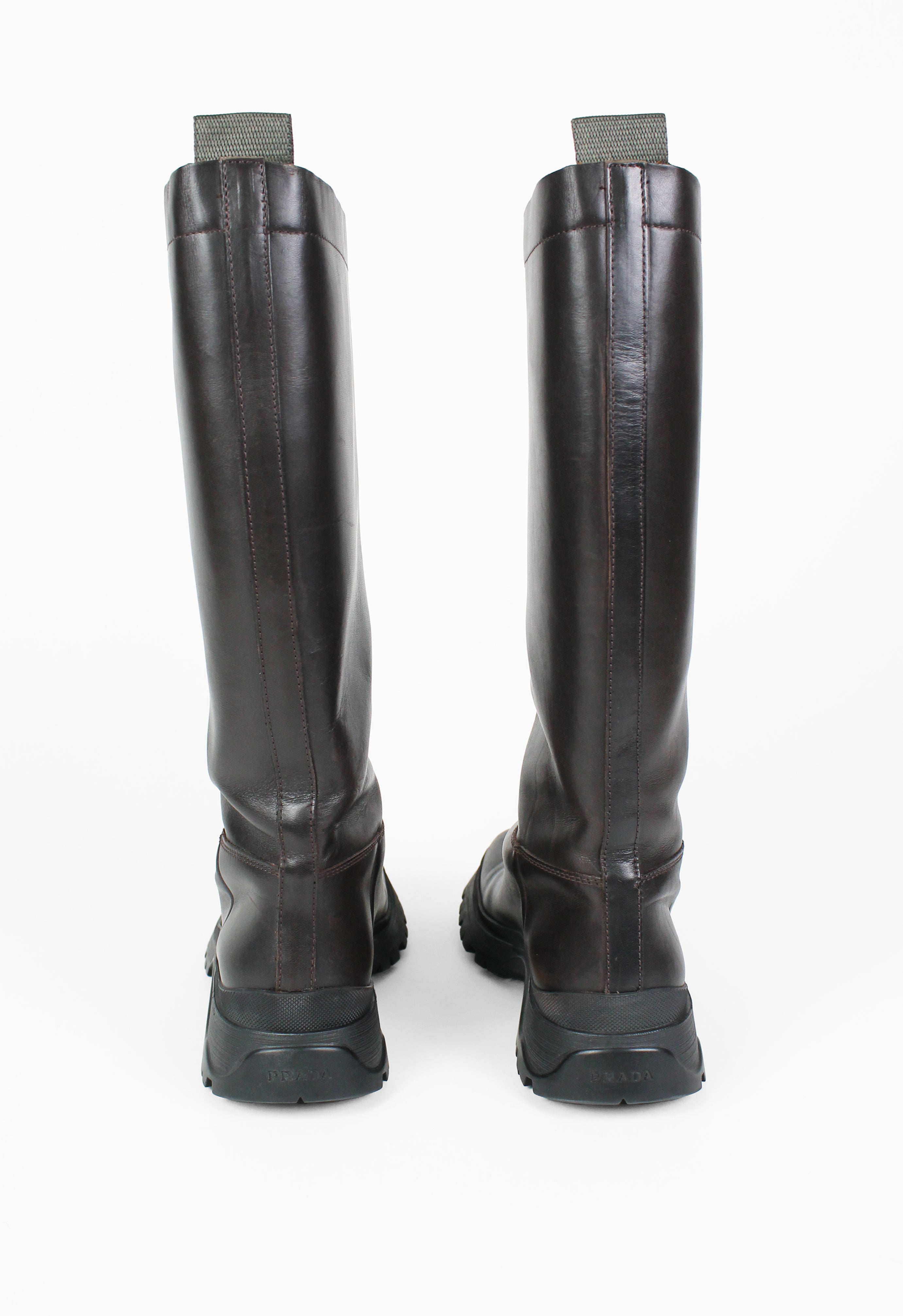 PRADA TALL BROWN LUG SOLE BOOTS