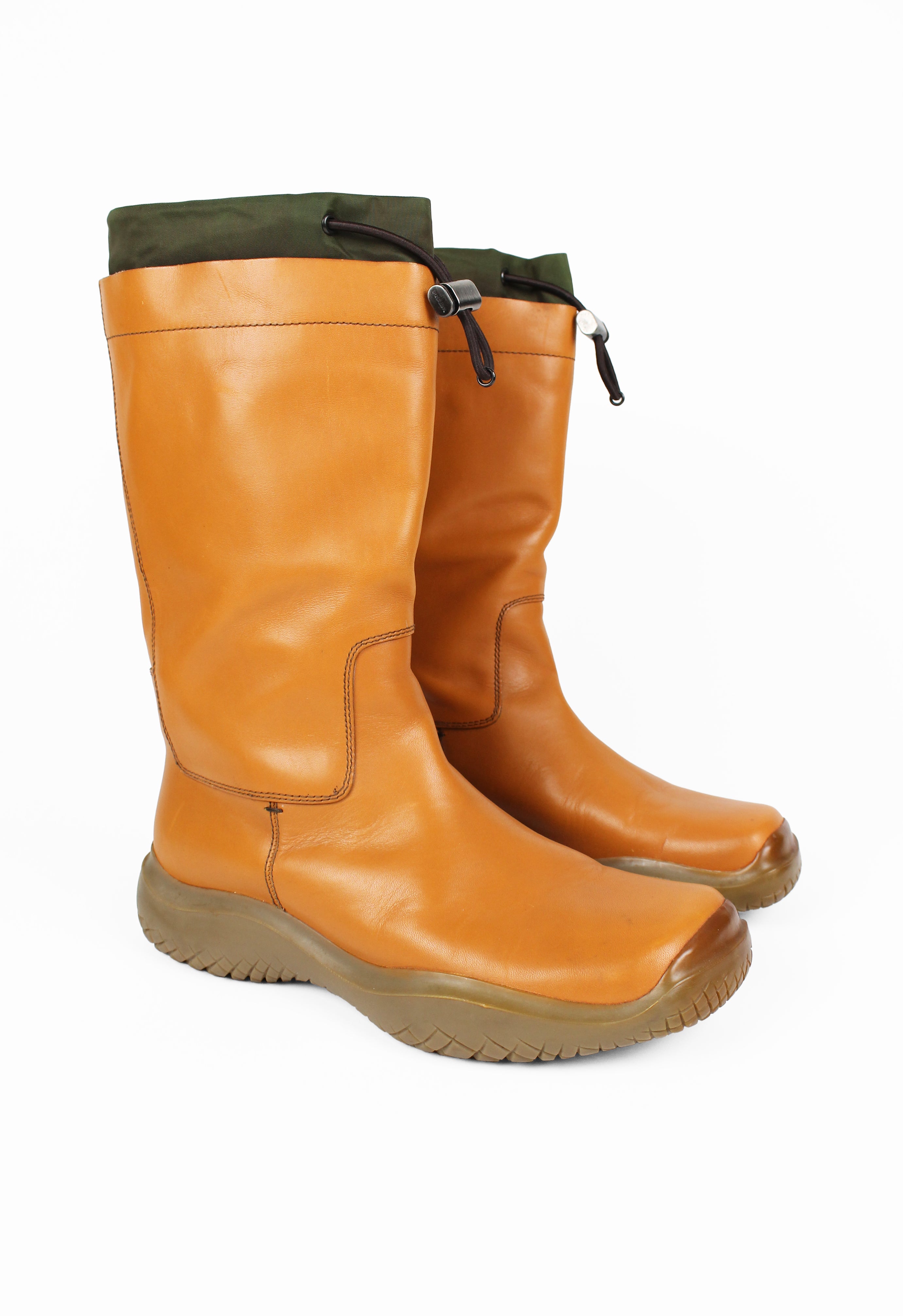 PRADA FW 1999 TALL CARAMEL LEATHER AND NYLON TOGGLE BOOTS
