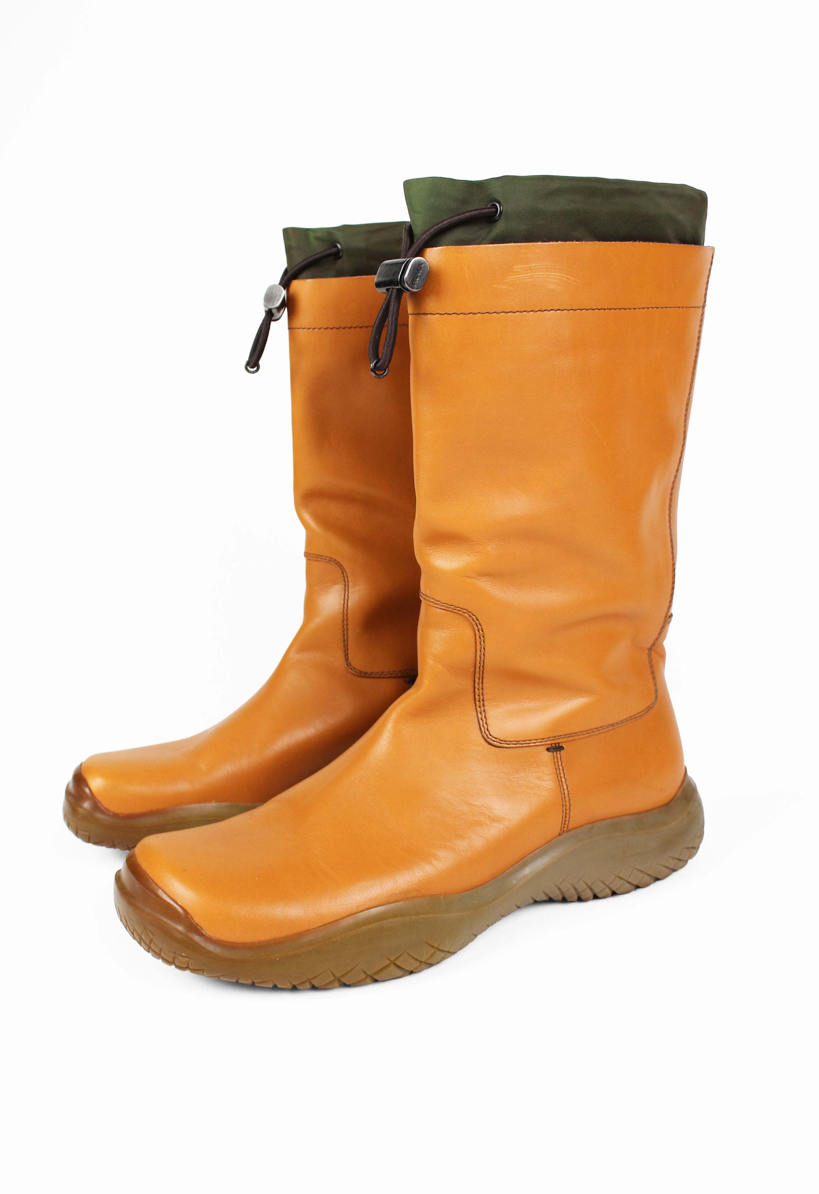 PRADA FW 1999 TALL CARAMEL LEATHER AND NYLON TOGGLE BOOTS