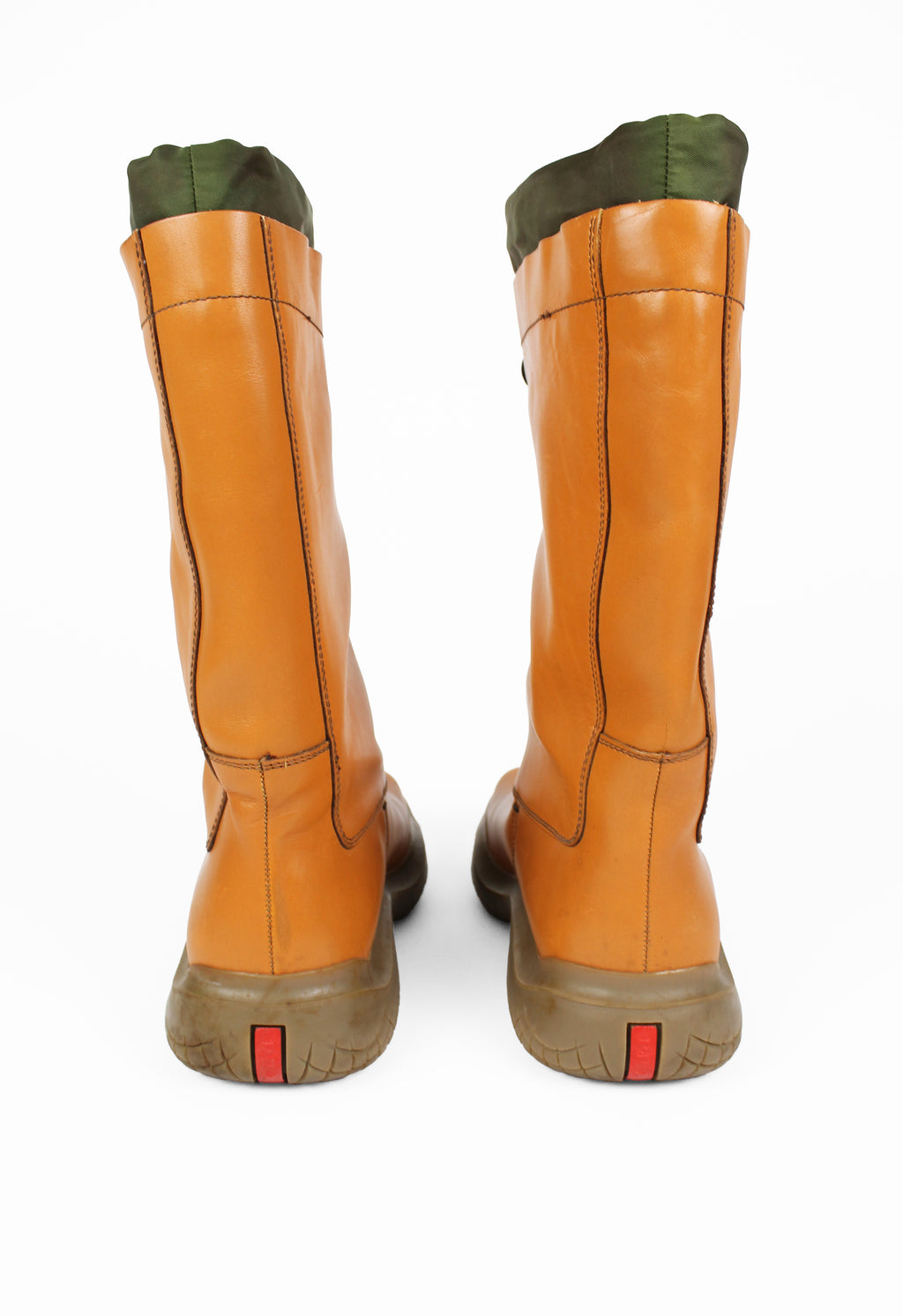 PRADA FW 1999 TALL CARAMEL LEATHER AND NYLON TOGGLE BOOTS
