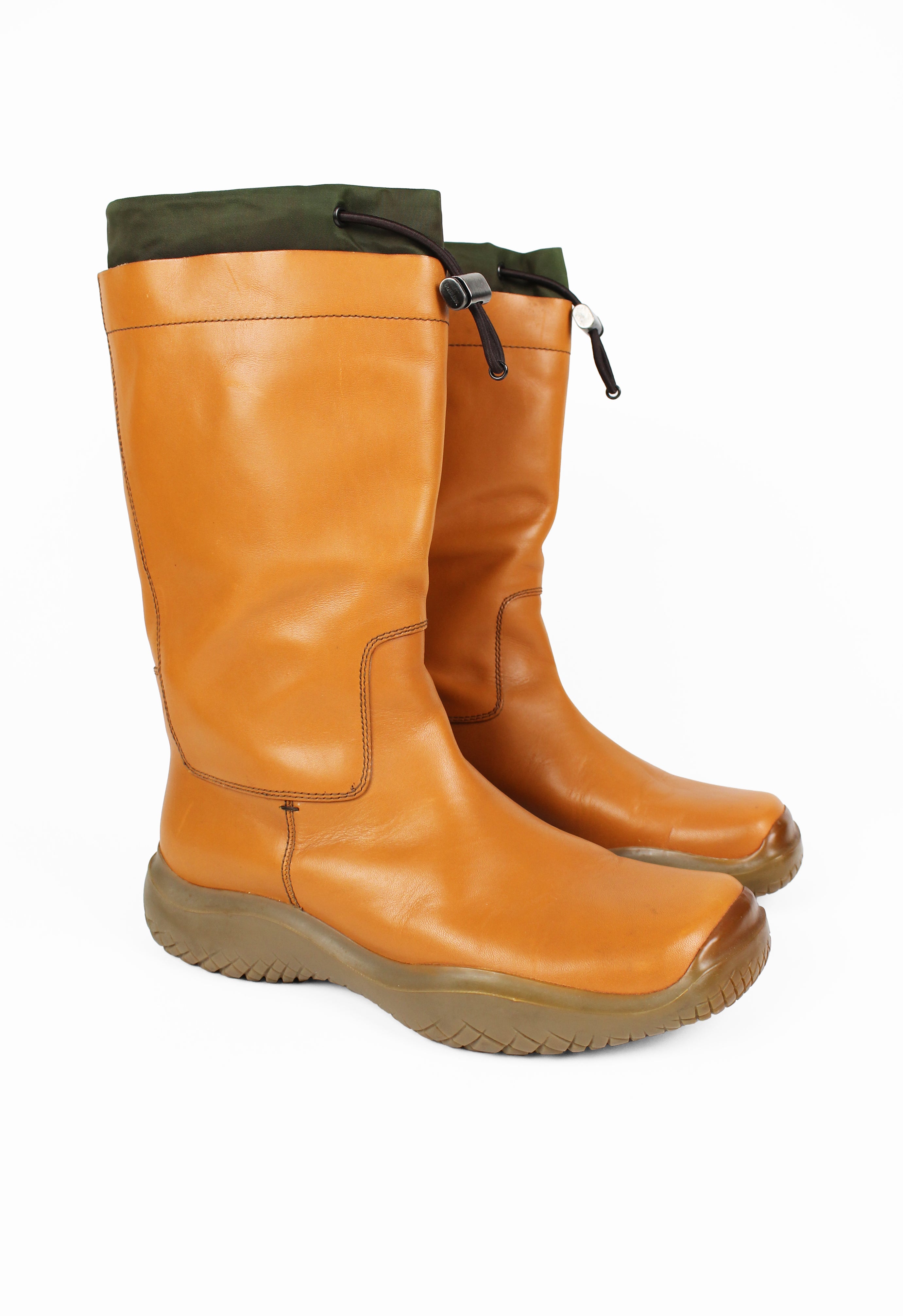 PRADA FW 1999 TALL CARAMEL LEATHER AND NYLON TOGGLE BOOTS