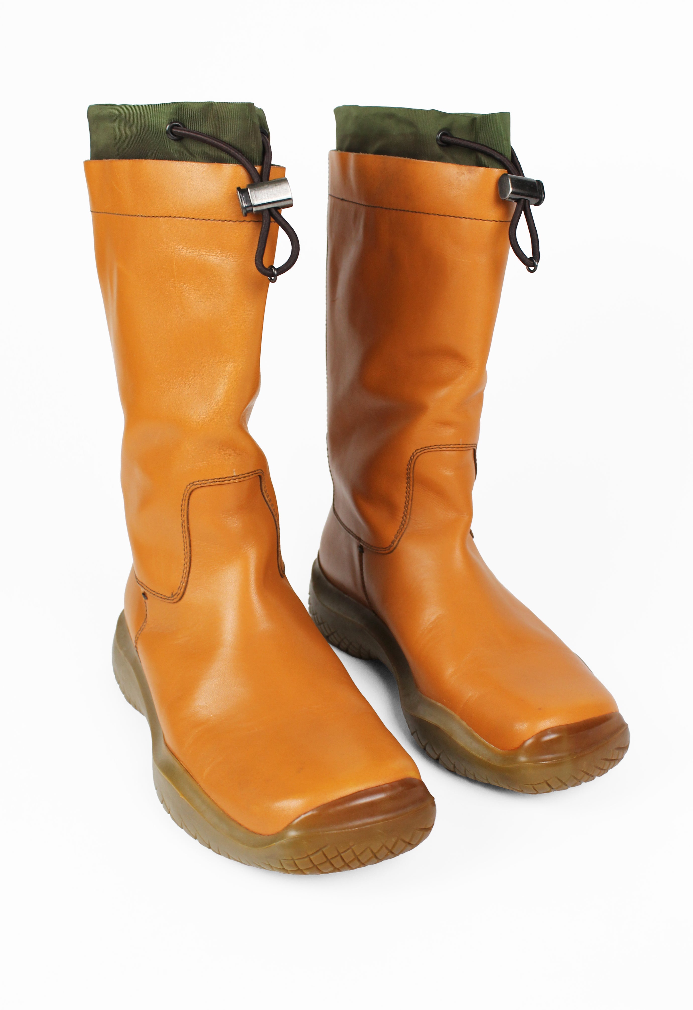 PRADA FW 1999 TALL CARAMEL LEATHER AND NYLON TOGGLE BOOTS