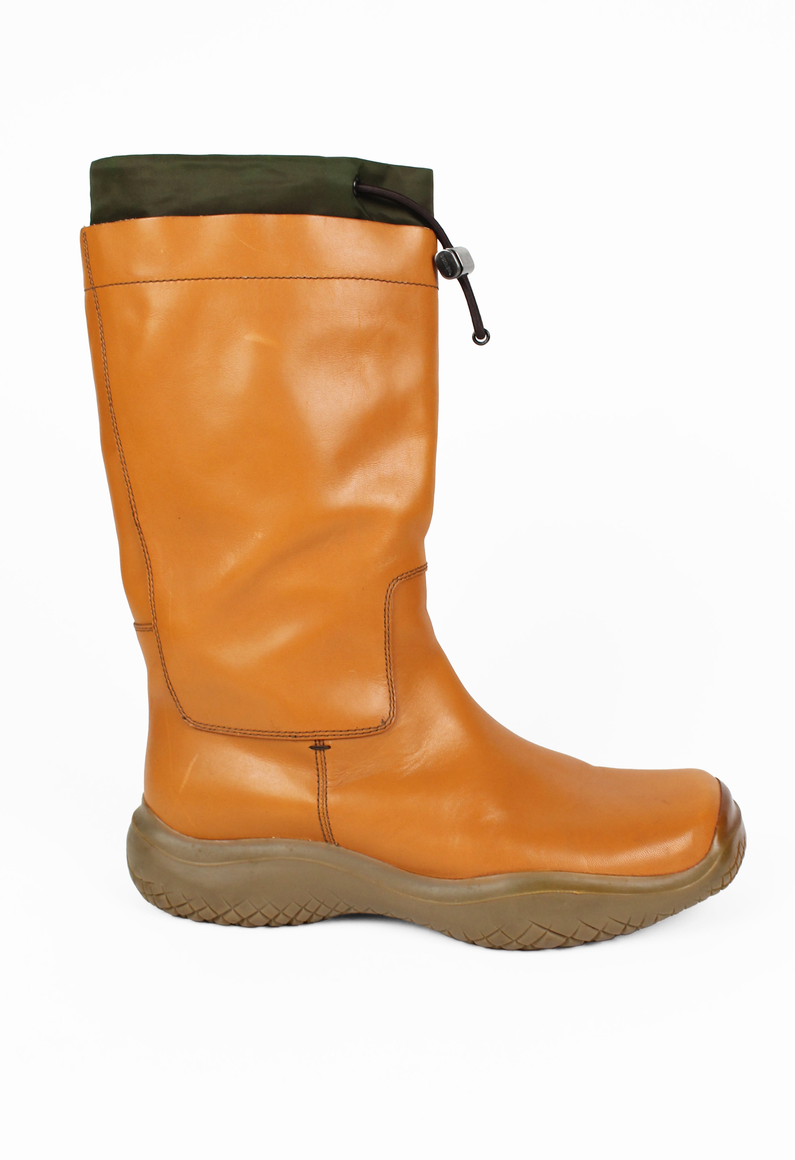 PRADA FW 1999 TALL CARAMEL LEATHER AND NYLON TOGGLE BOOTS