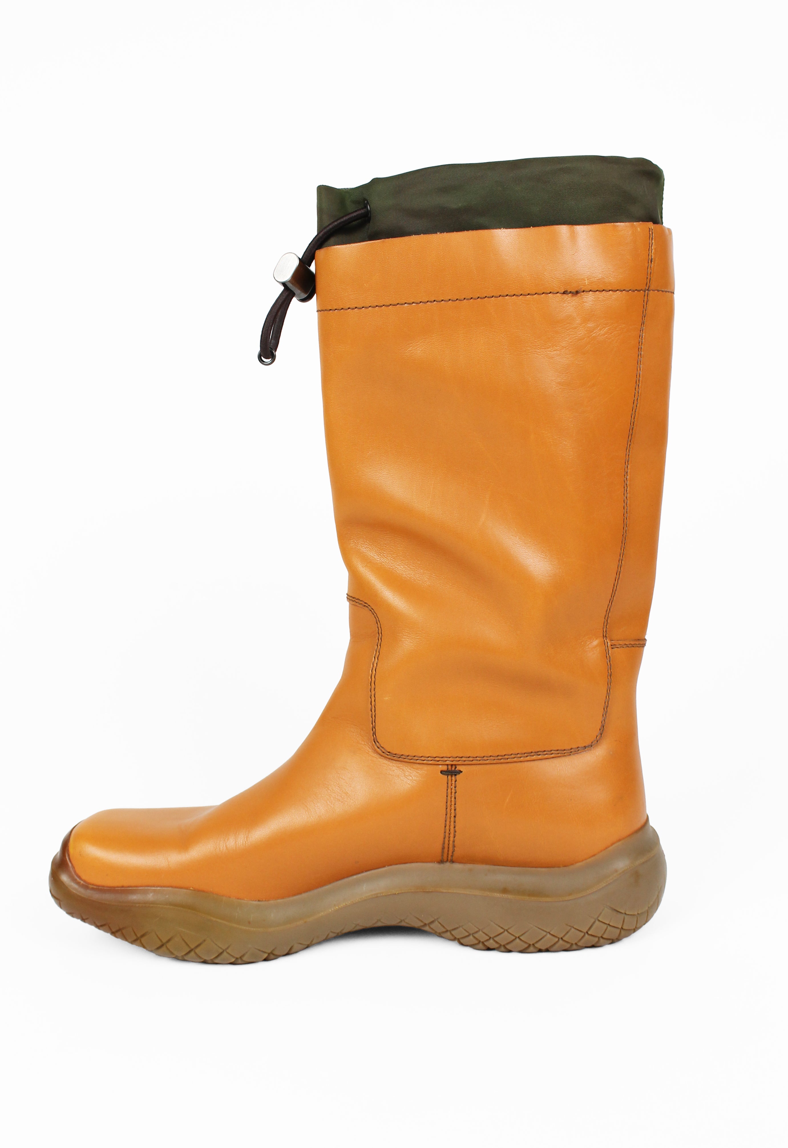 PRADA FW 1999 TALL CARAMEL LEATHER AND NYLON TOGGLE BOOTS