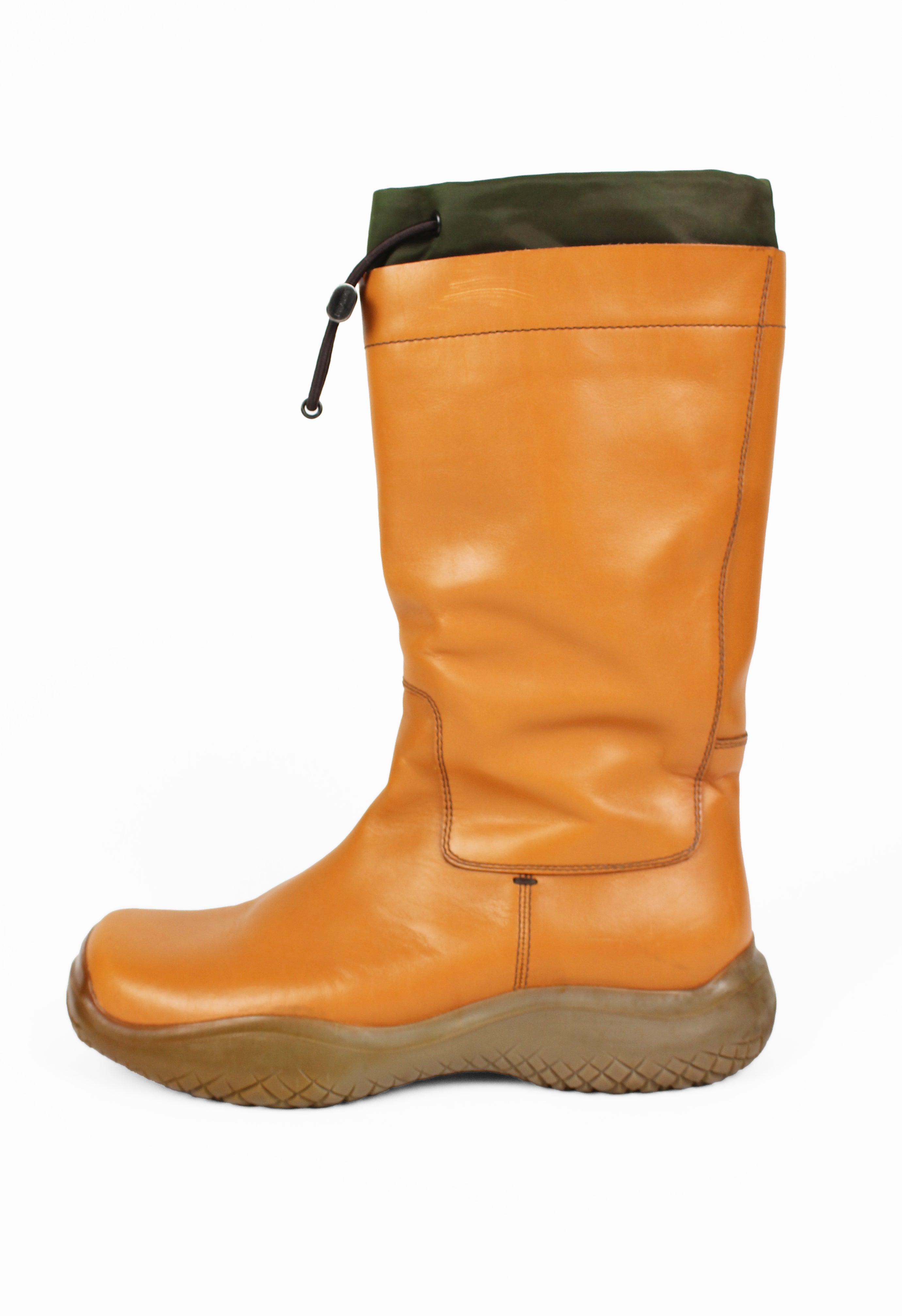 PRADA FW 1999 TALL CARAMEL LEATHER AND NYLON TOGGLE BOOTS