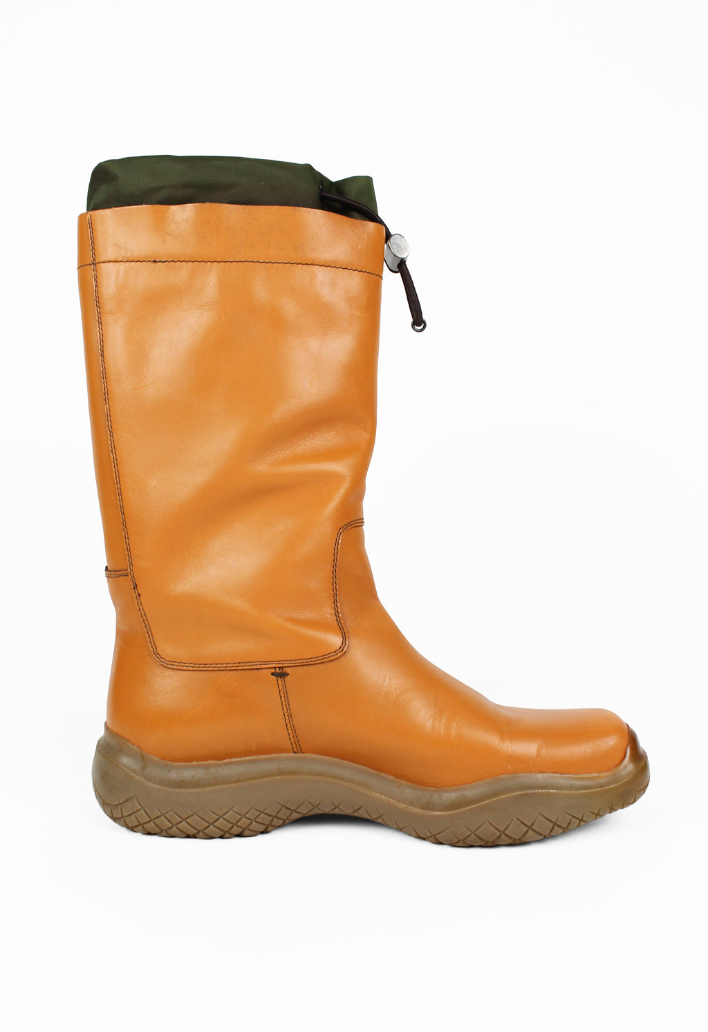 PRADA FW 1999 TALL CARAMEL LEATHER AND NYLON TOGGLE BOOTS