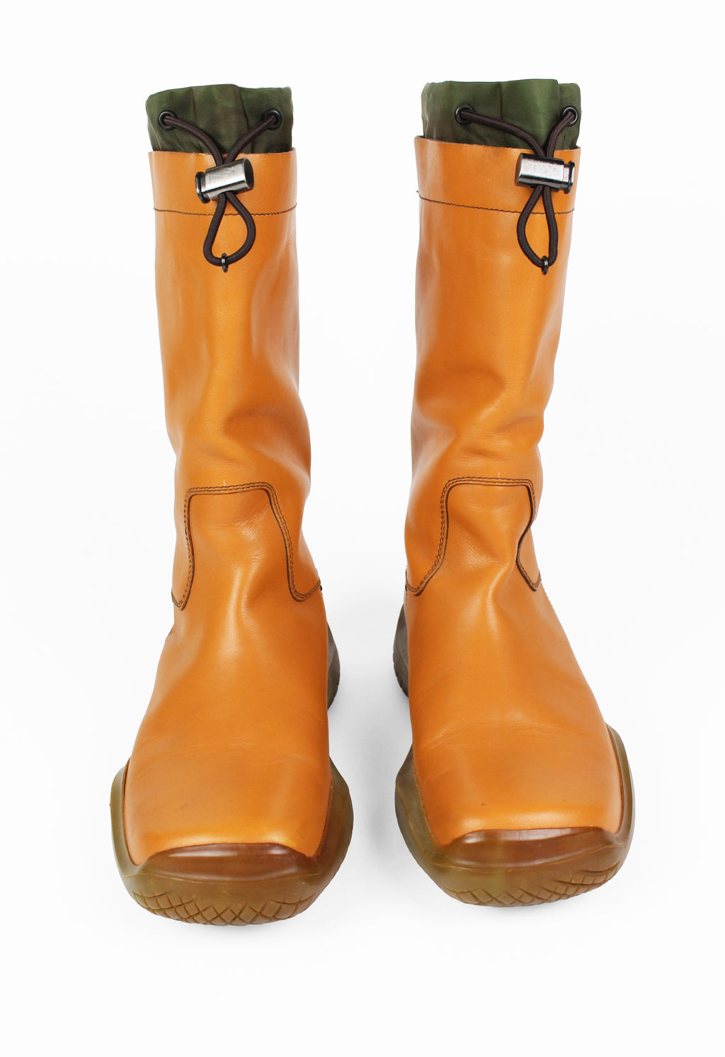 PRADA FW 1999 TALL CARAMEL LEATHER AND NYLON TOGGLE BOOTS