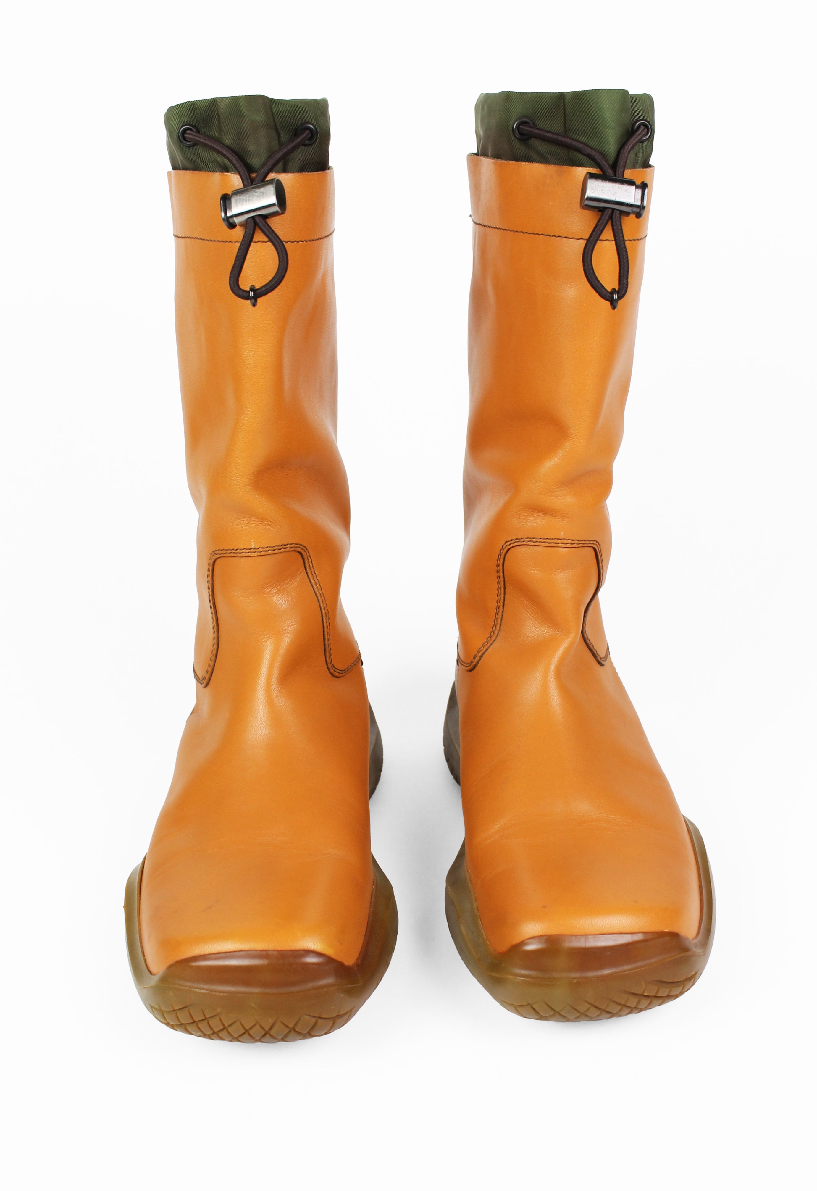 PRADA FW 1999 TALL CARAMEL LEATHER AND NYLON TOGGLE BOOTS
