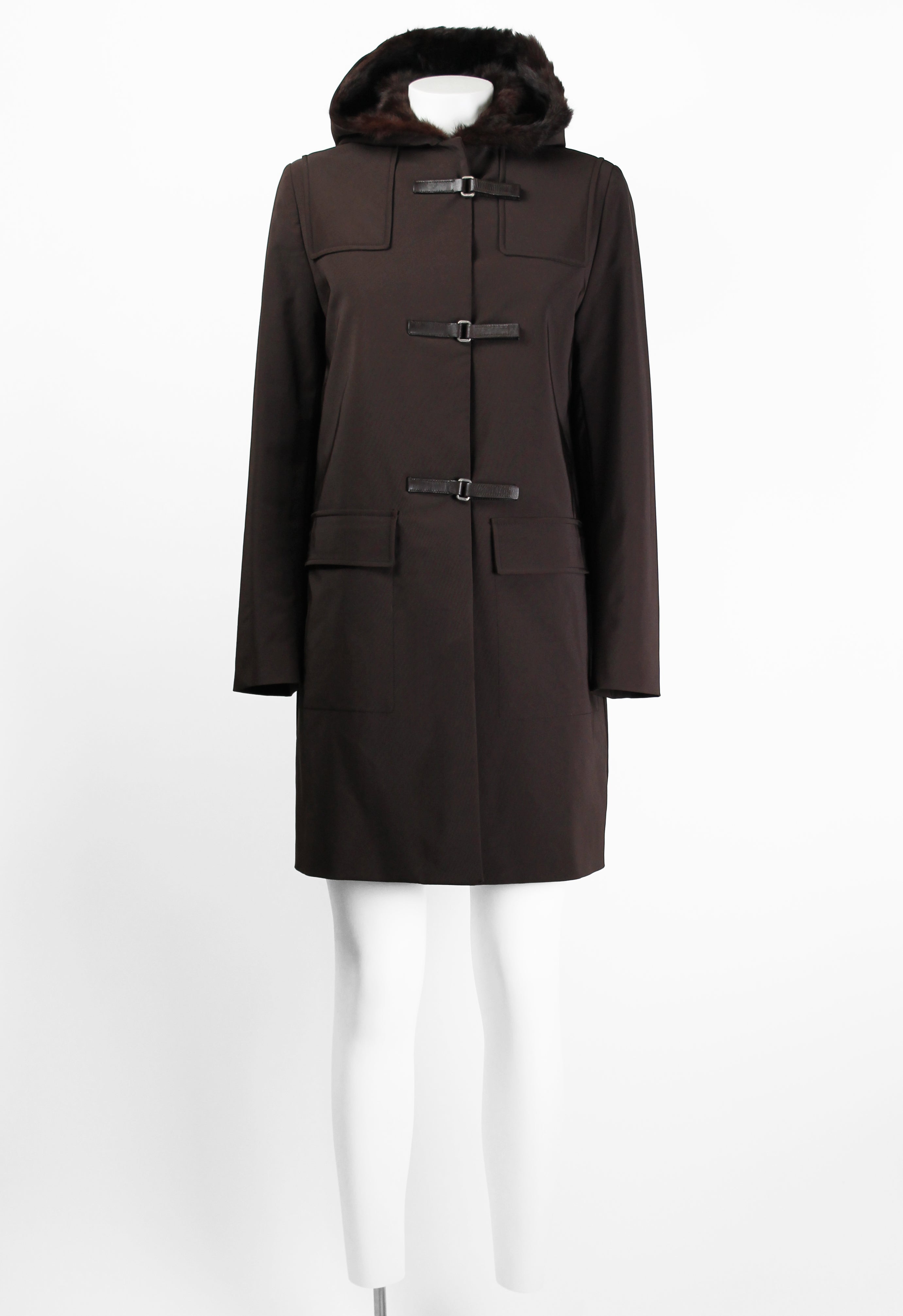 PRADA FW 1999 FUR LINED COAT WITH LEATHER STRAPS