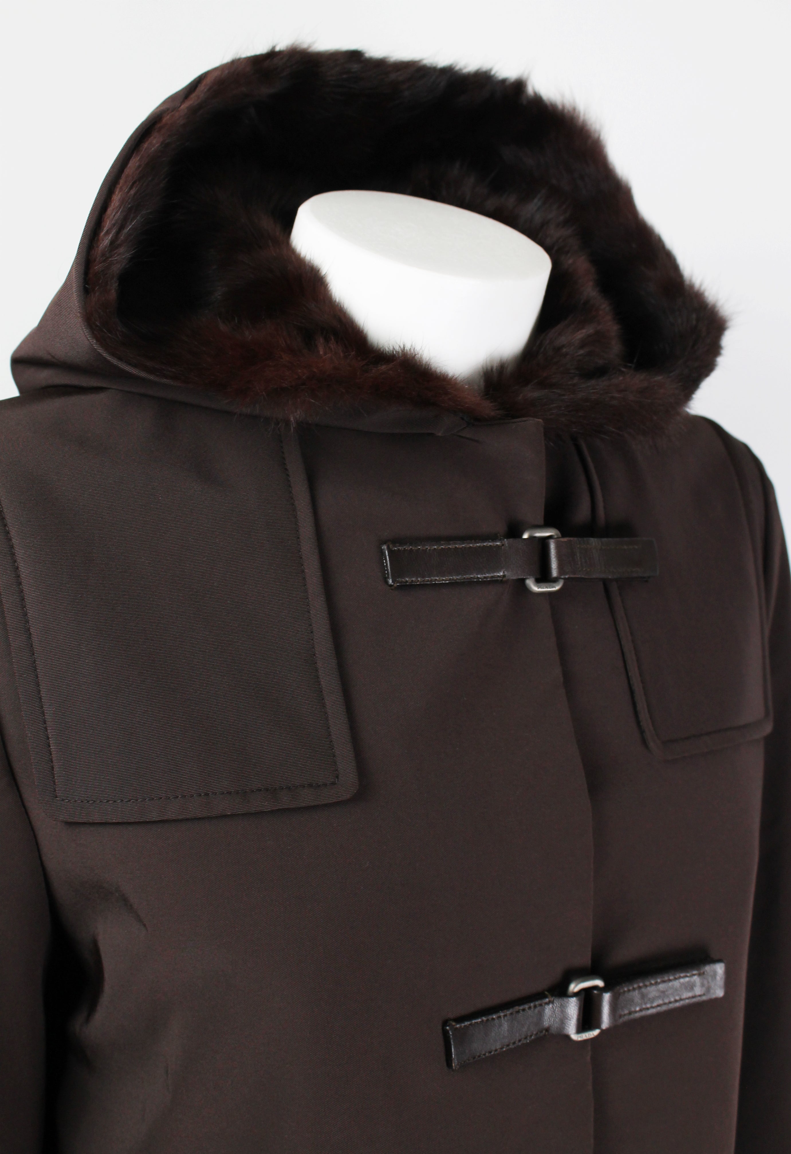 PRADA FW 1999 FUR LINED COAT WITH LEATHER STRAPS