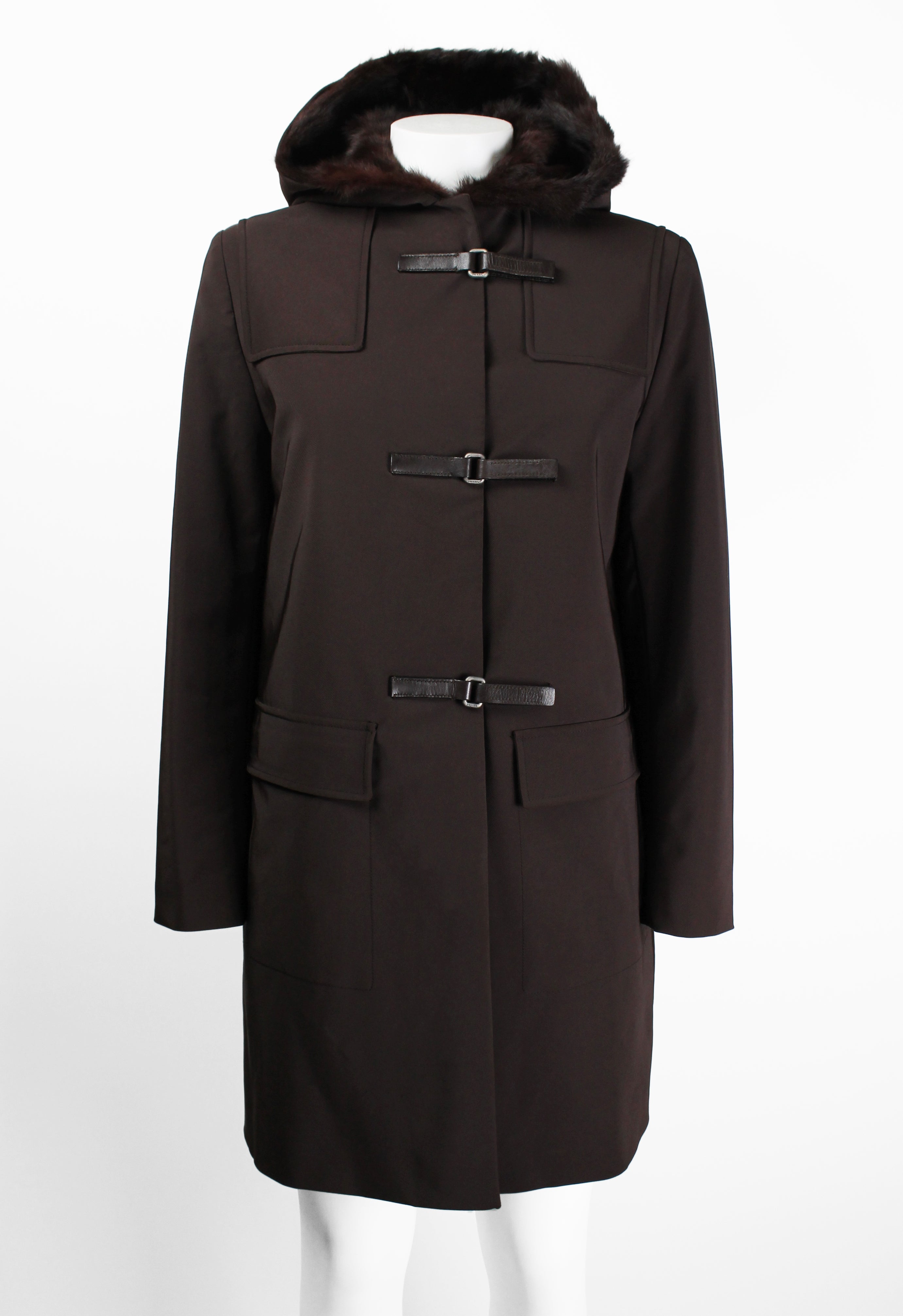 PRADA FW 1999 FUR LINED COAT WITH LEATHER STRAPS
