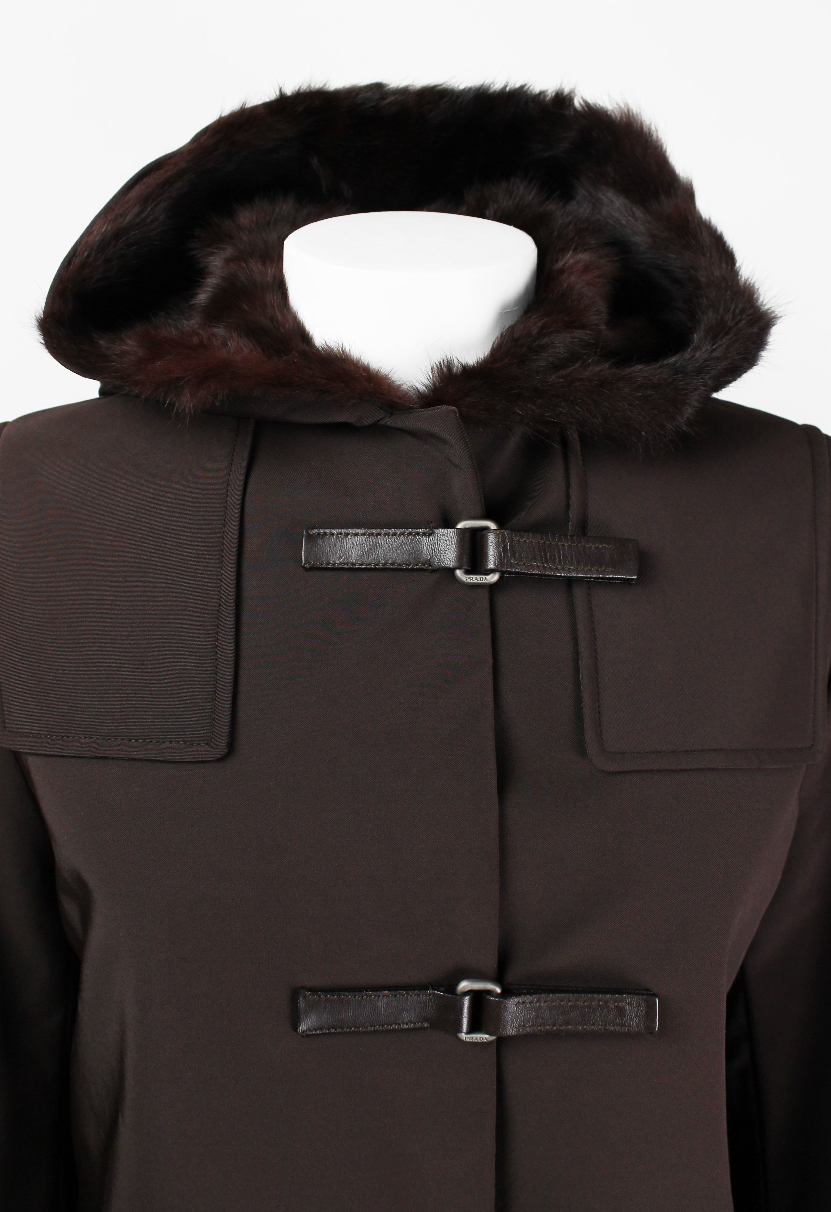 PRADA FW 1999 FUR LINED COAT WITH LEATHER STRAPS