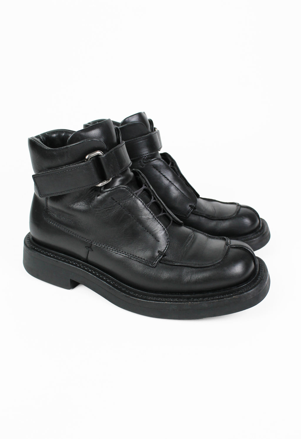 PRADA FW 1999 SQUARE TOE LEATHER STRAP BOOTS