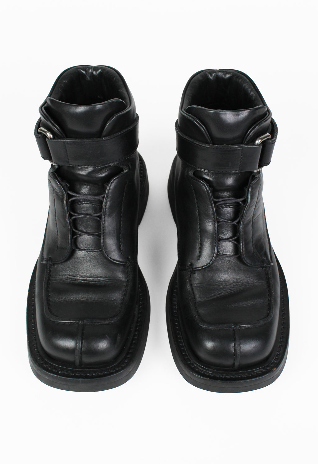 PRADA FW 1999 SQUARE TOE LEATHER STRAP BOOTS