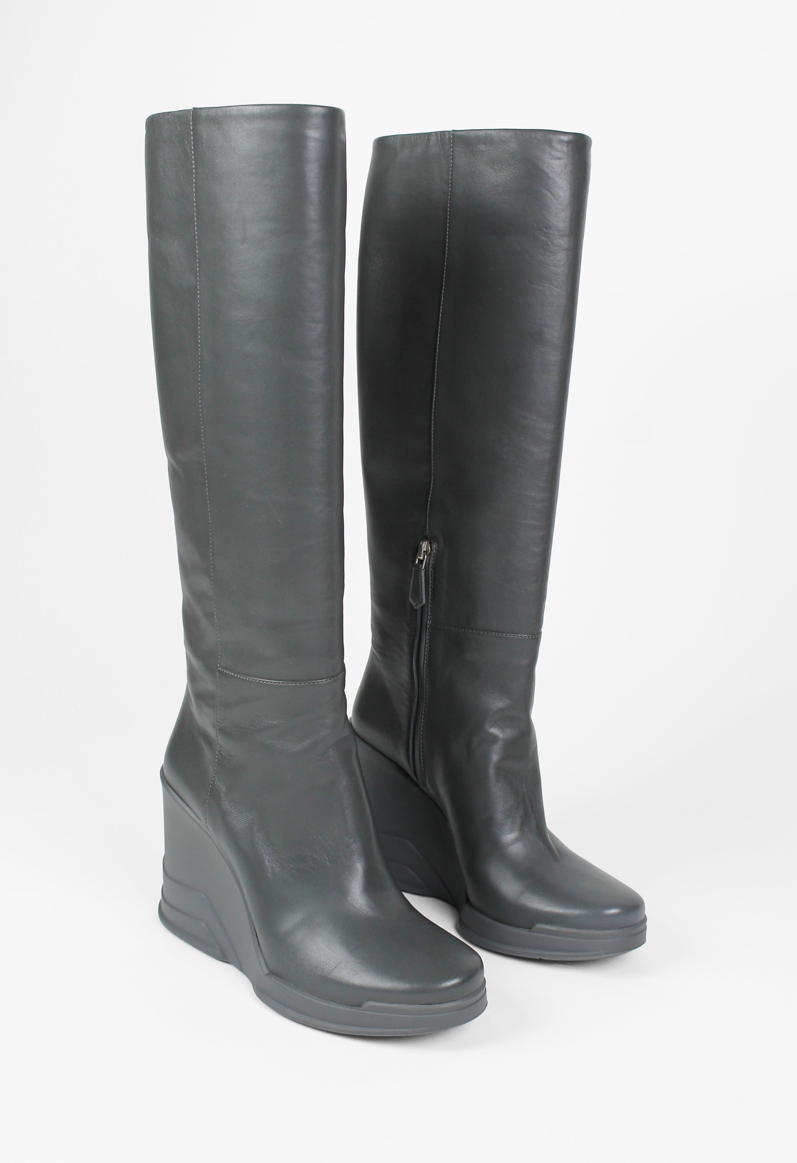 PRADA FW 2014 GREY KNEE HIGH WEDGE BOOTS