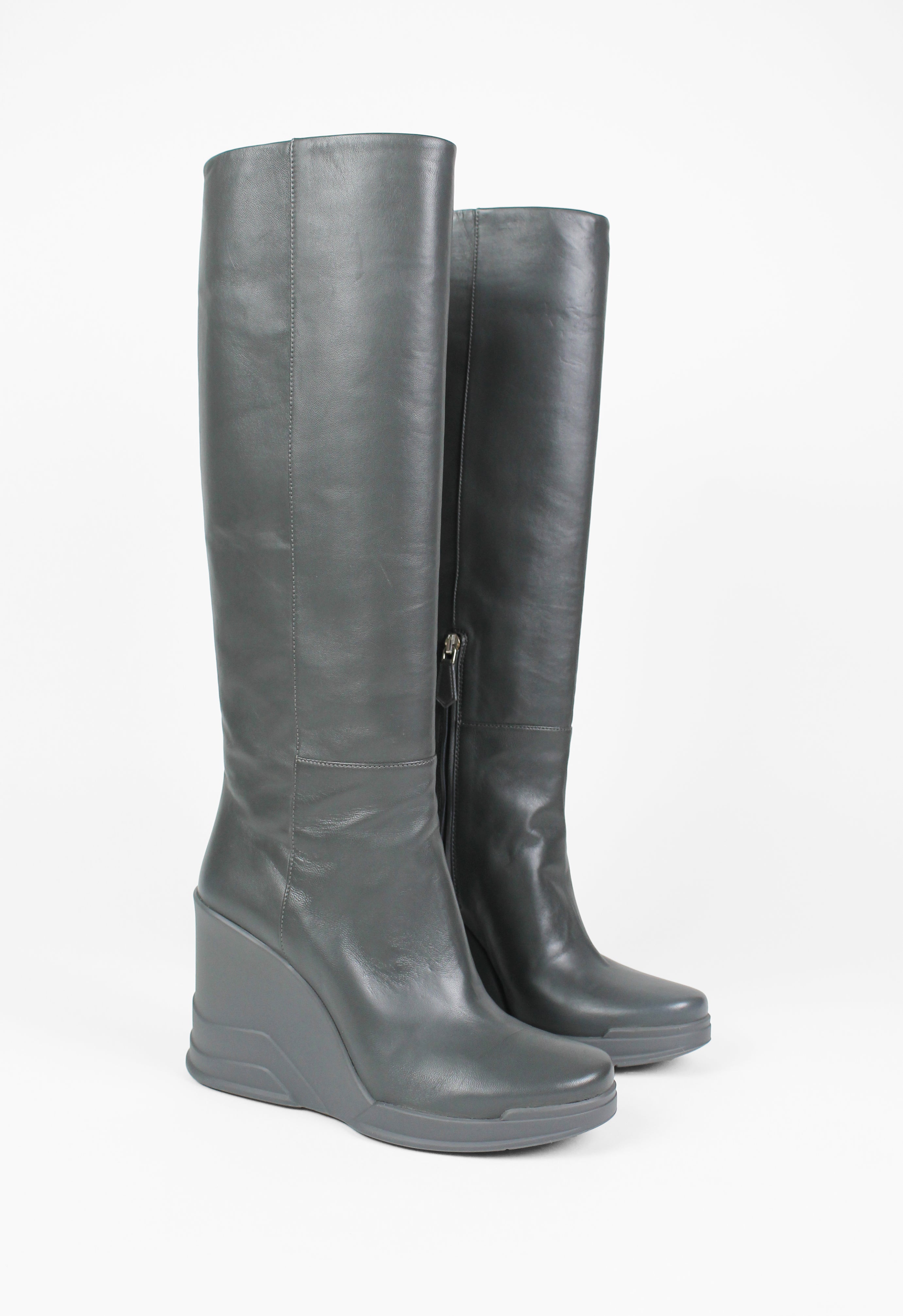 PRADA FW 2014 GREY KNEE HIGH WEDGE BOOTS