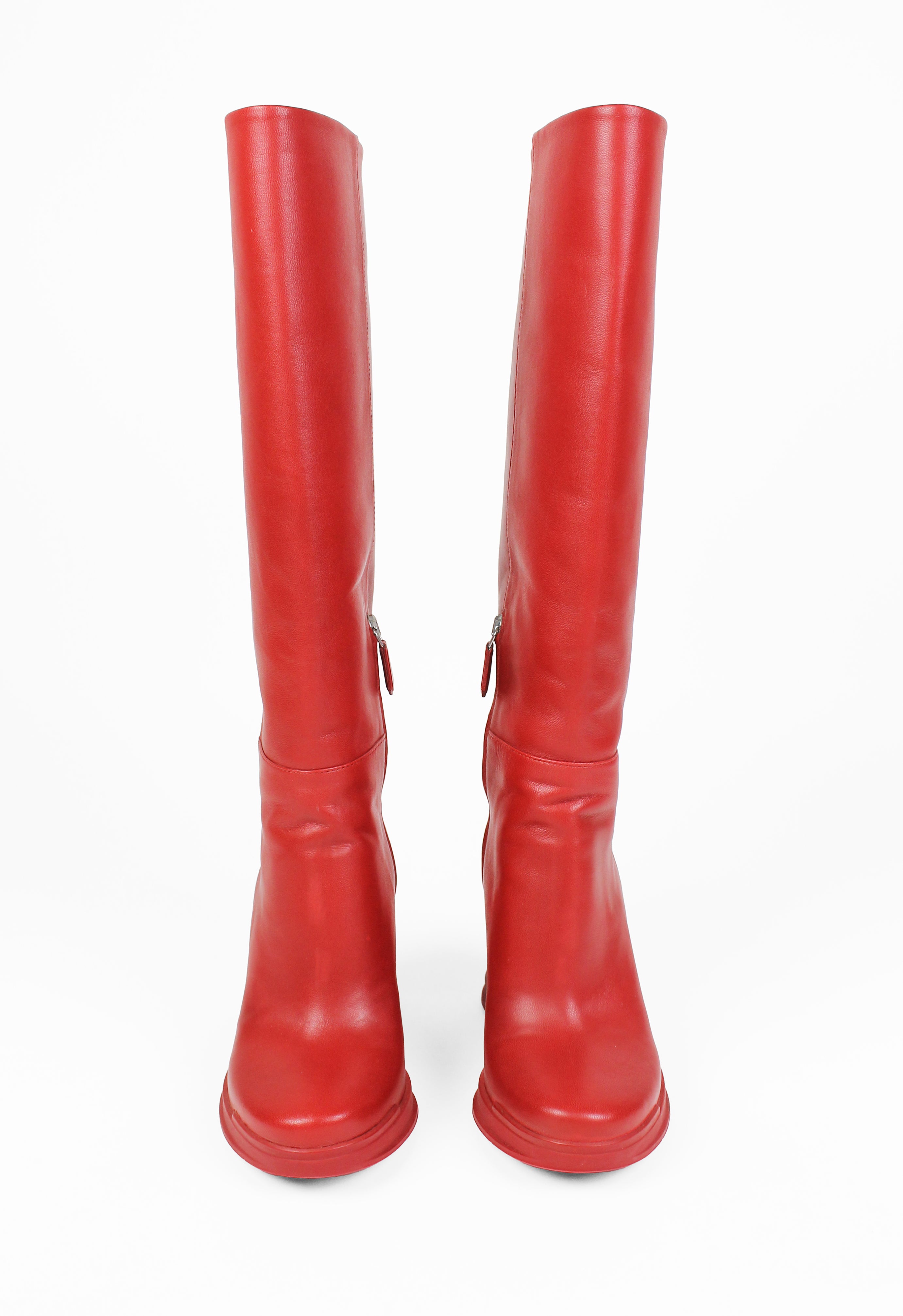 PRADA FW 2014 RED KNEE HIGH WEDGE BOOTS