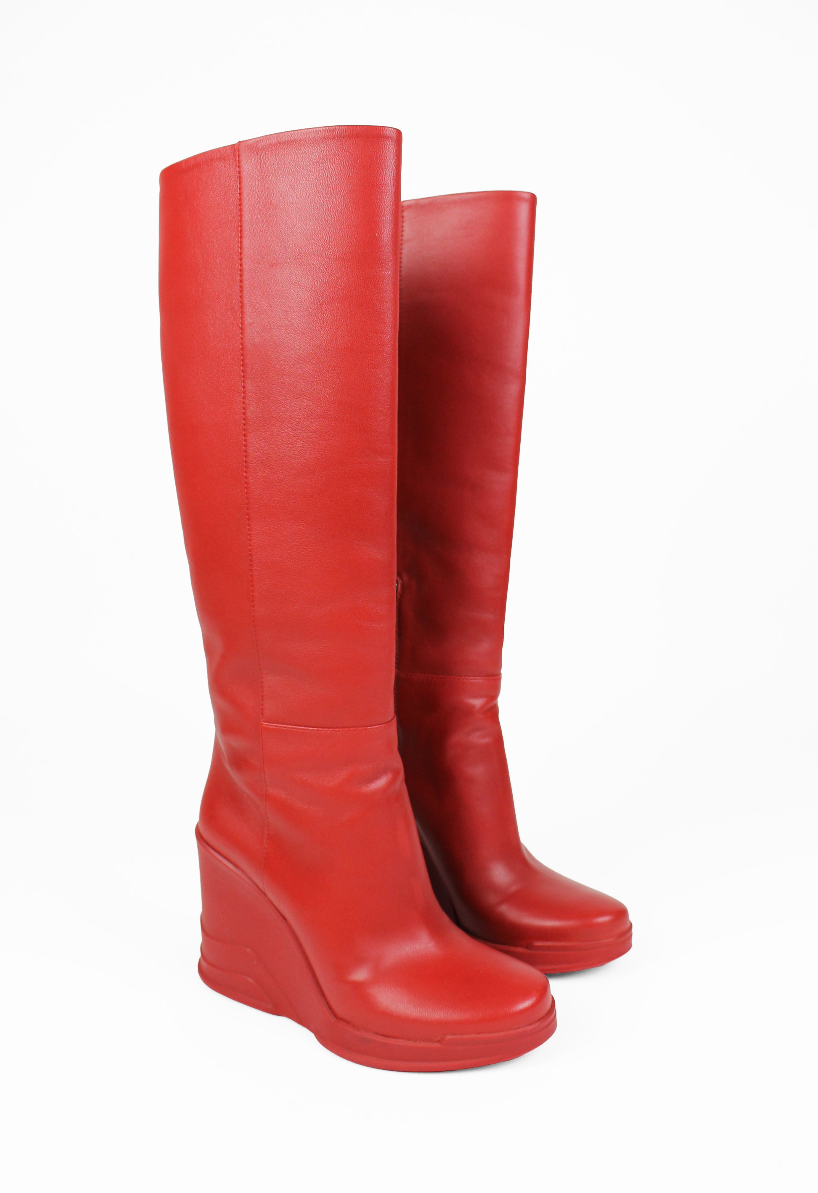 PRADA FW 2014 RED KNEE HIGH WEDGE BOOTS