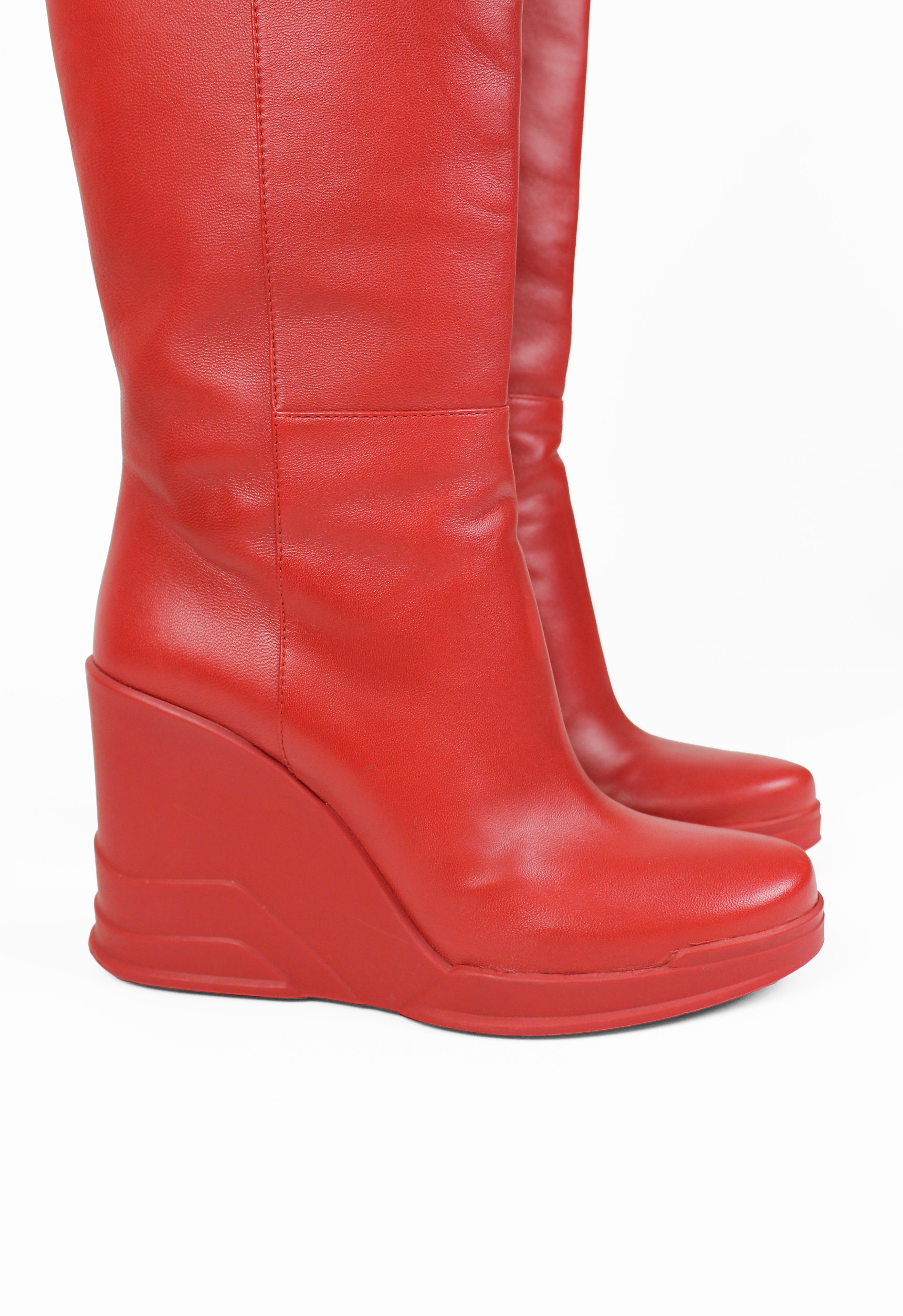 PRADA FW 2014 RED KNEE HIGH WEDGE BOOTS