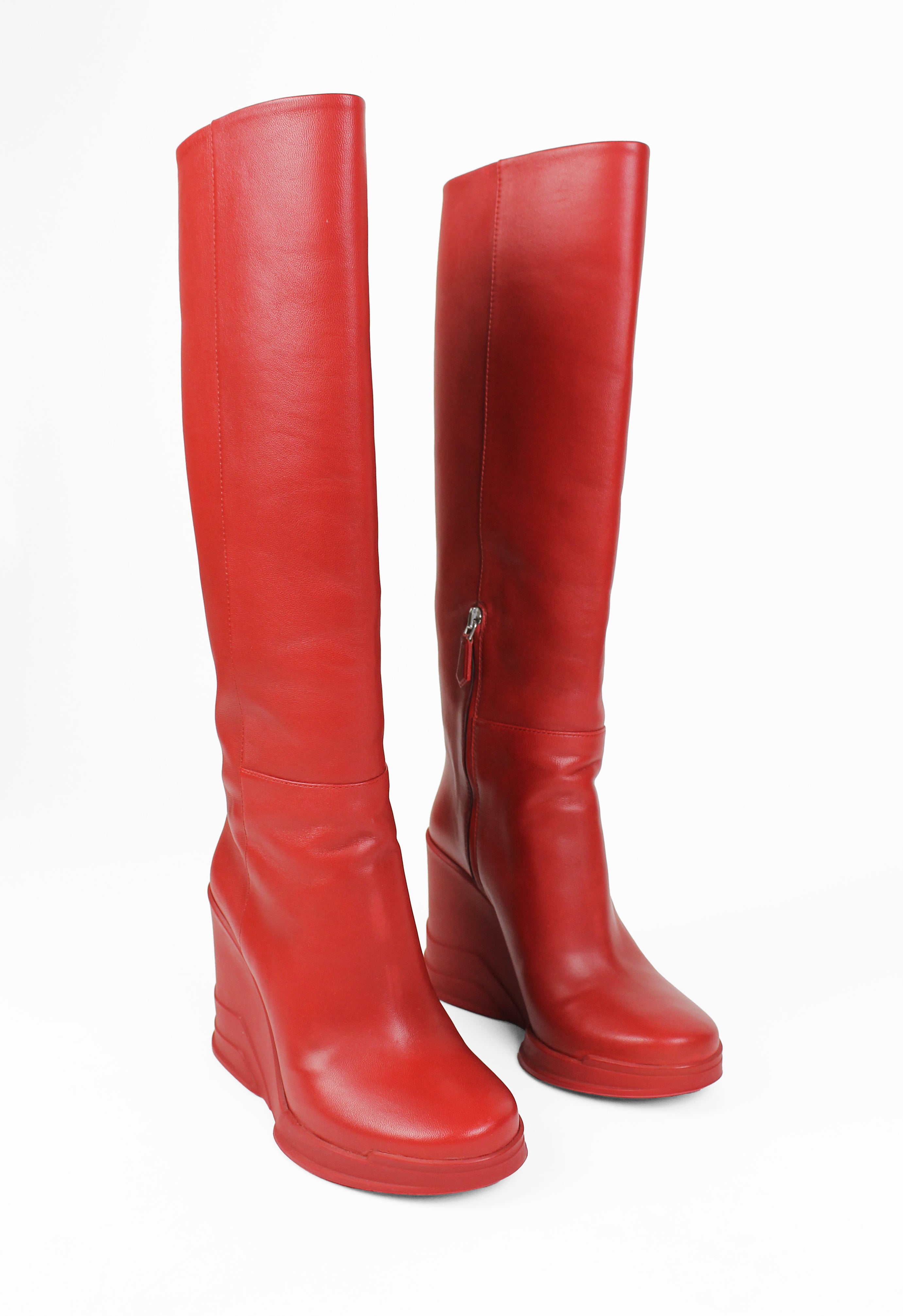 PRADA FW 2014 RED KNEE HIGH WEDGE BOOTS