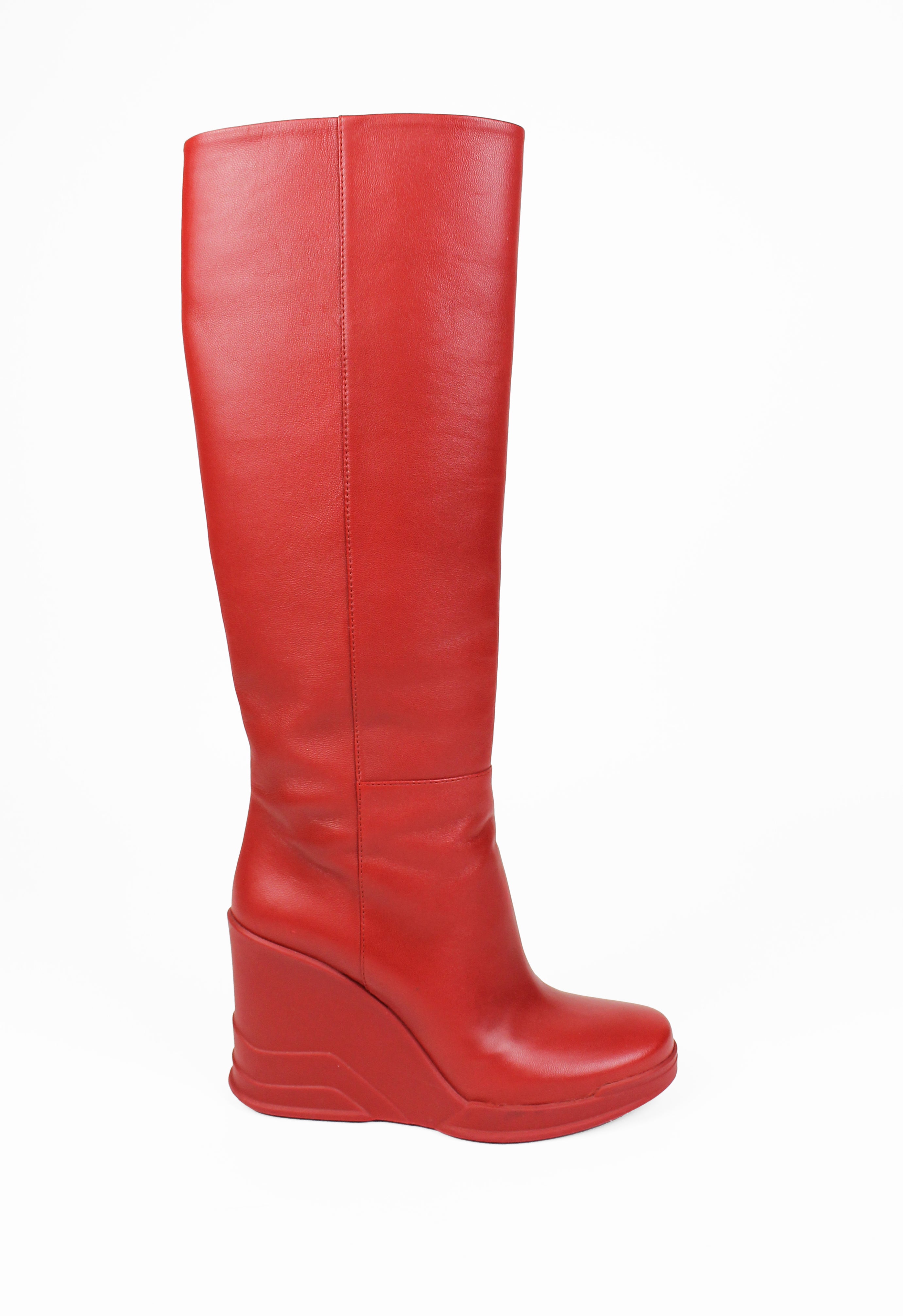 PRADA FW 2014 RED KNEE HIGH WEDGE BOOTS