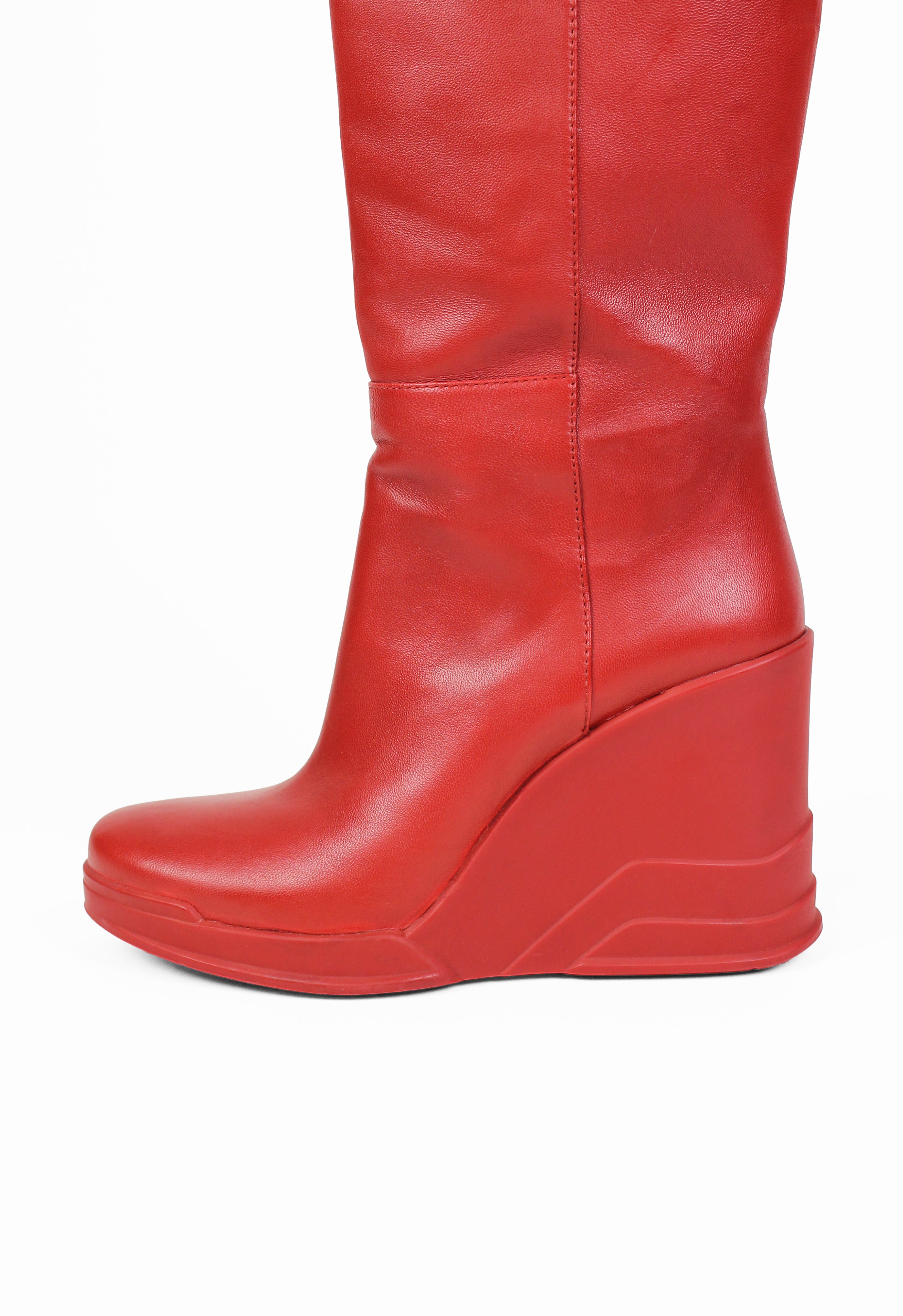 PRADA FW 2014 RED KNEE HIGH WEDGE BOOTS