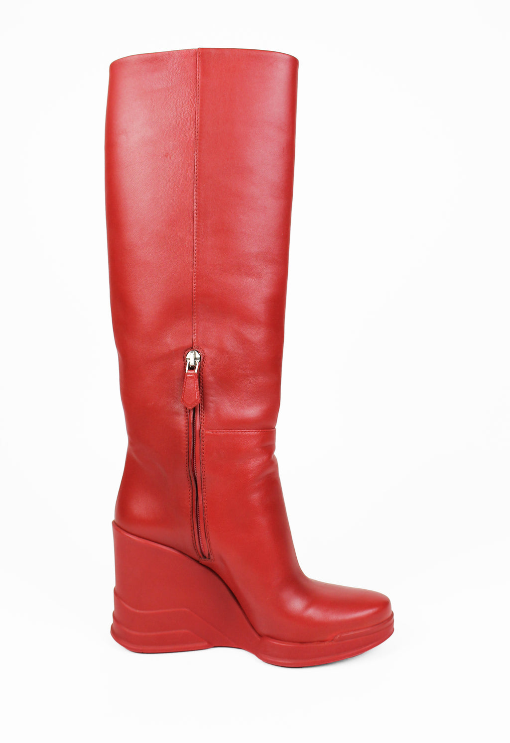 PRADA FW 2014 RED KNEE HIGH WEDGE BOOTS