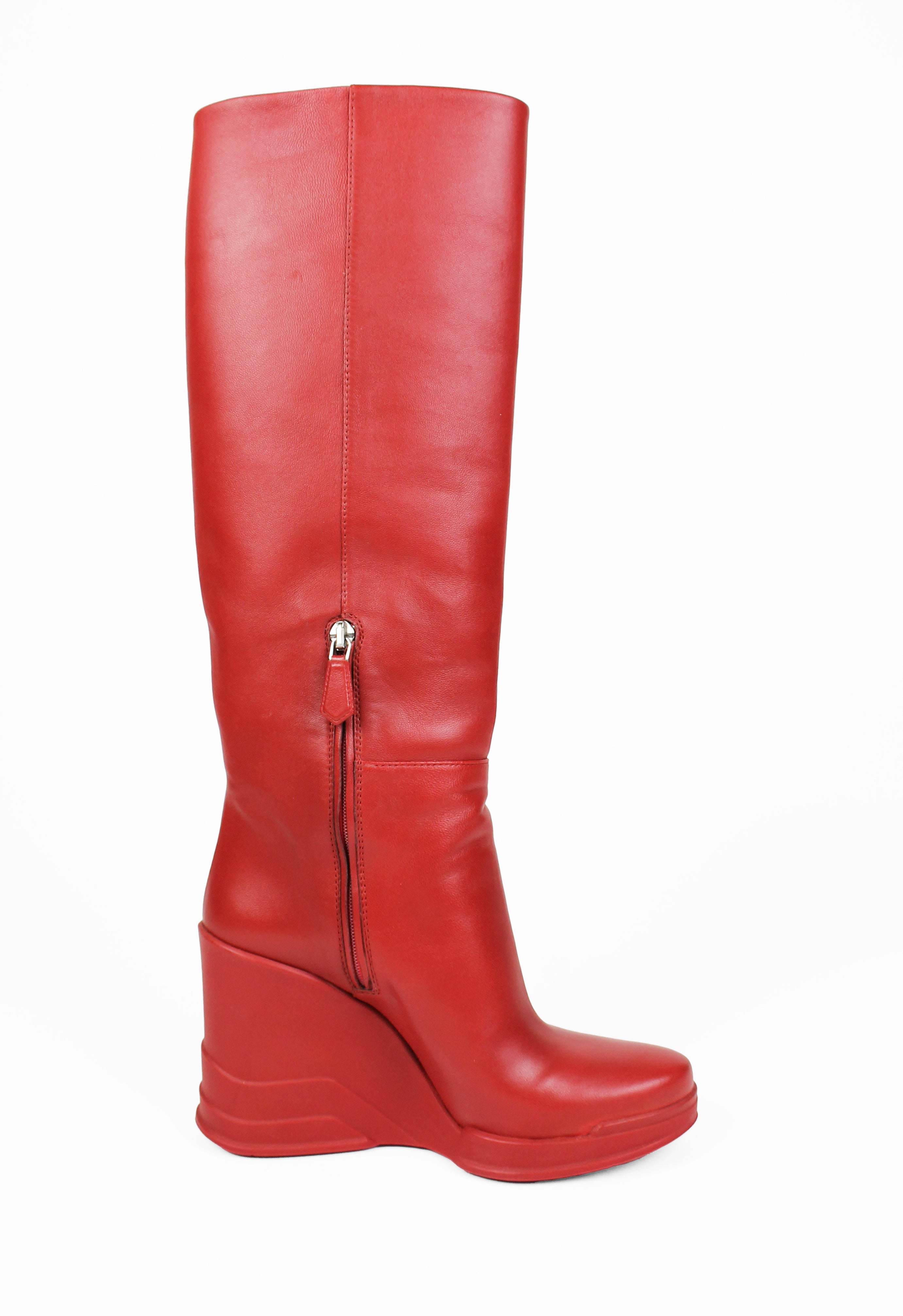 PRADA FW 2014 RED KNEE HIGH WEDGE BOOTS