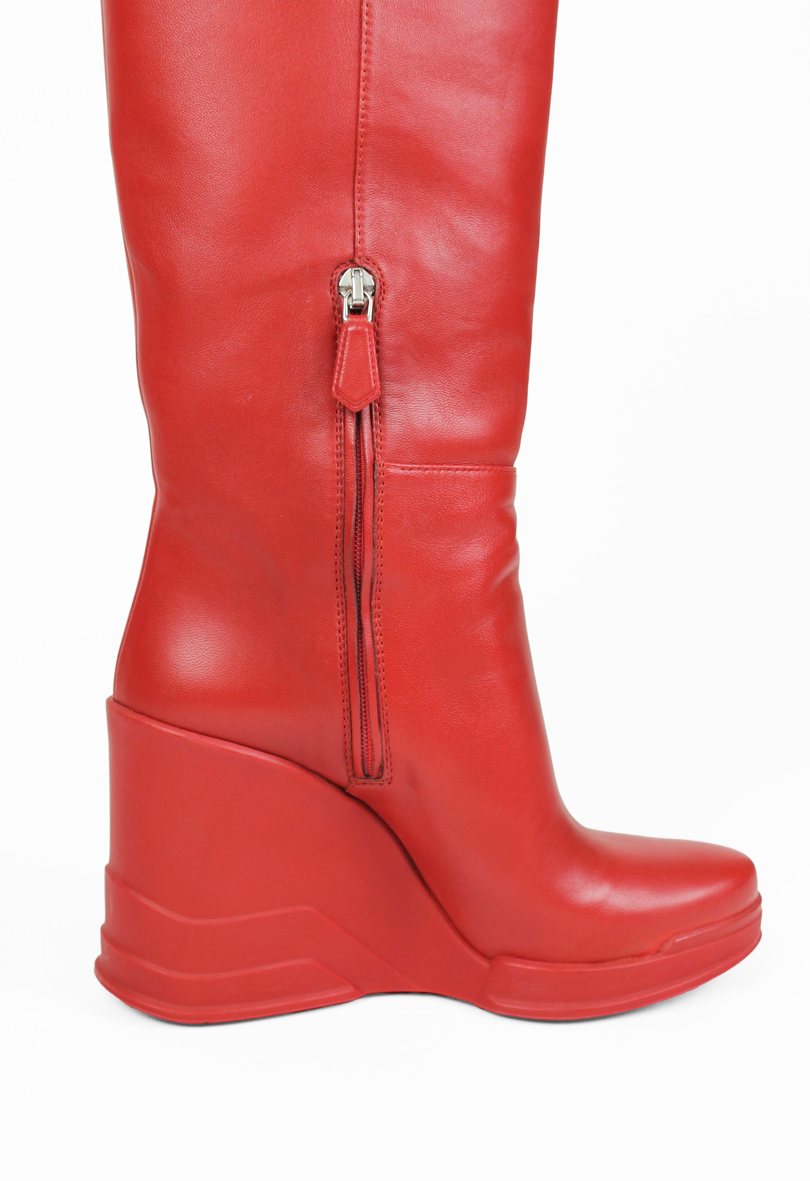 PRADA FW 2014 RED KNEE HIGH WEDGE BOOTS