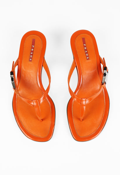 PRADA ORANGE KITTEN HEEL SANDALS