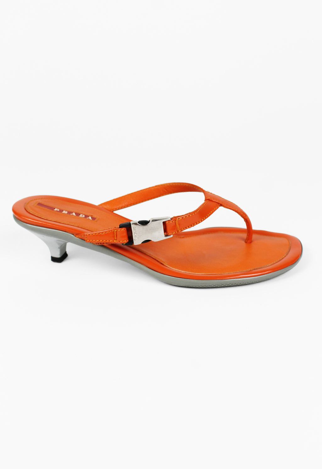 PRADA ORANGE KITTEN HEEL SANDALS