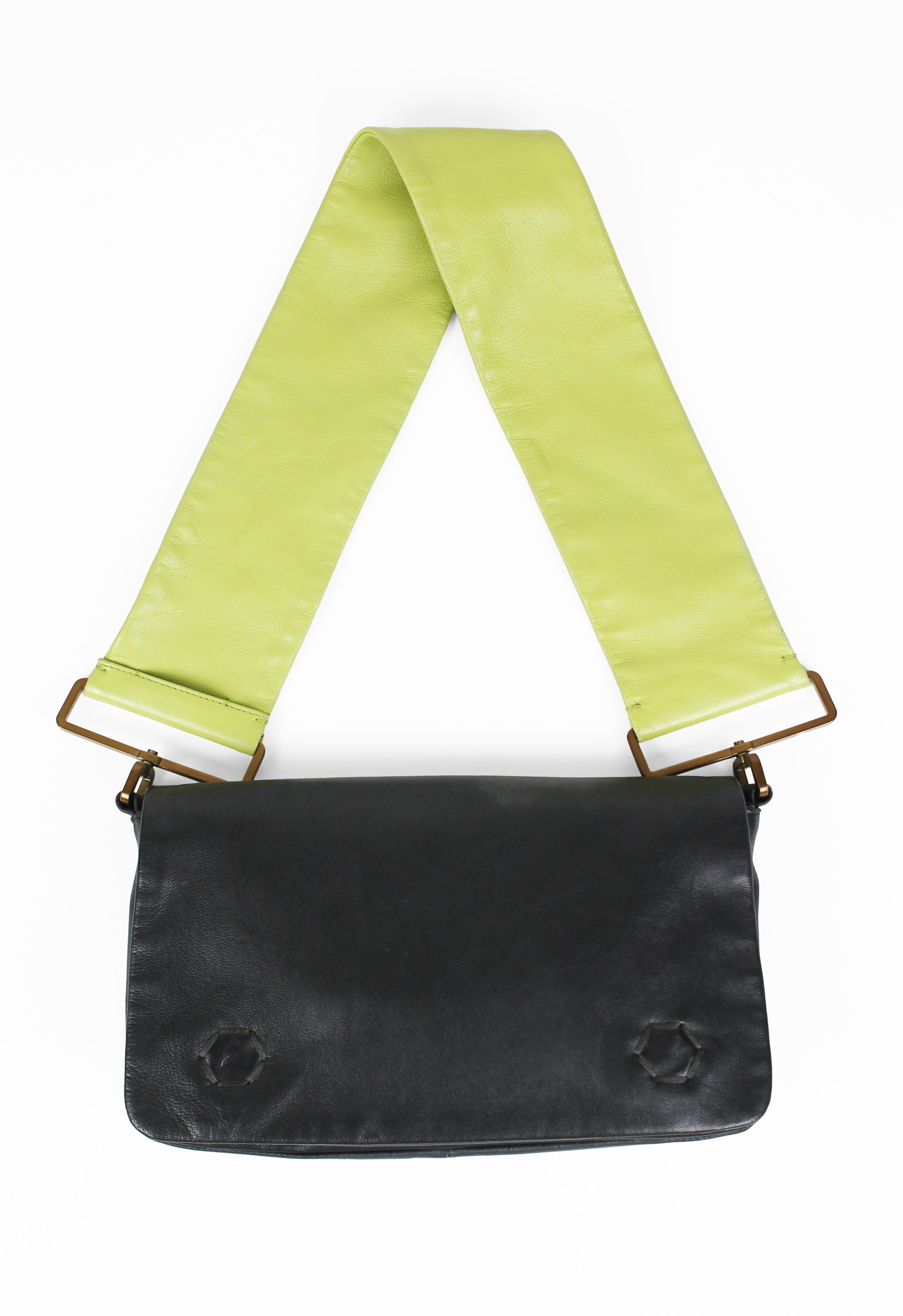 PRADA SS 2001 BLACK AND LIME LEATHER FLAP BAG