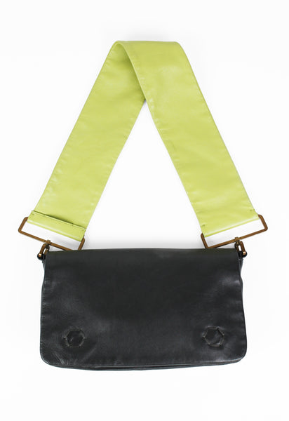 PRADA SS 2001 BLACK AND LIME LEATHER FLAP BAG