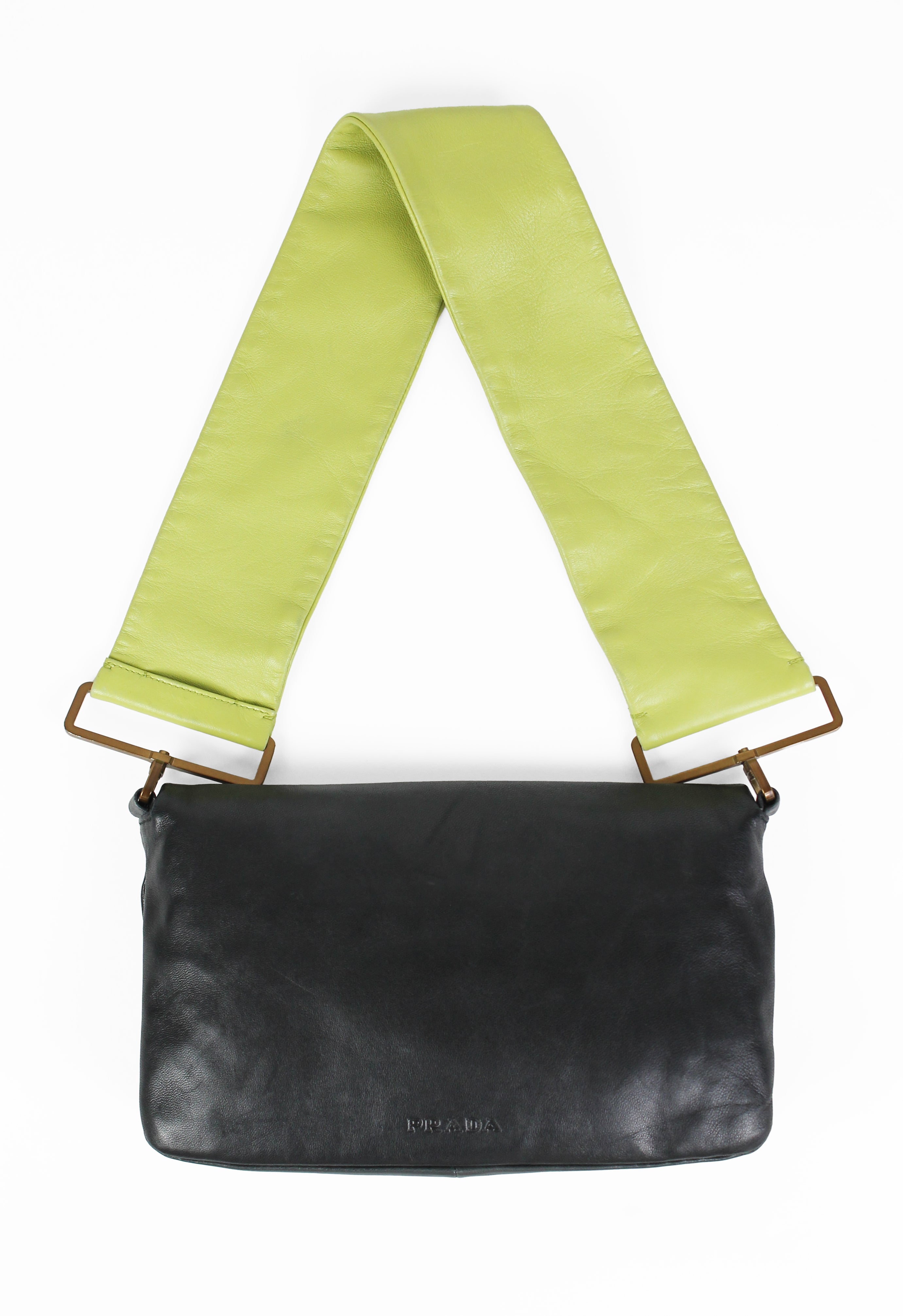 PRADA SS 2001 BLACK AND LIME LEATHER FLAP BAG