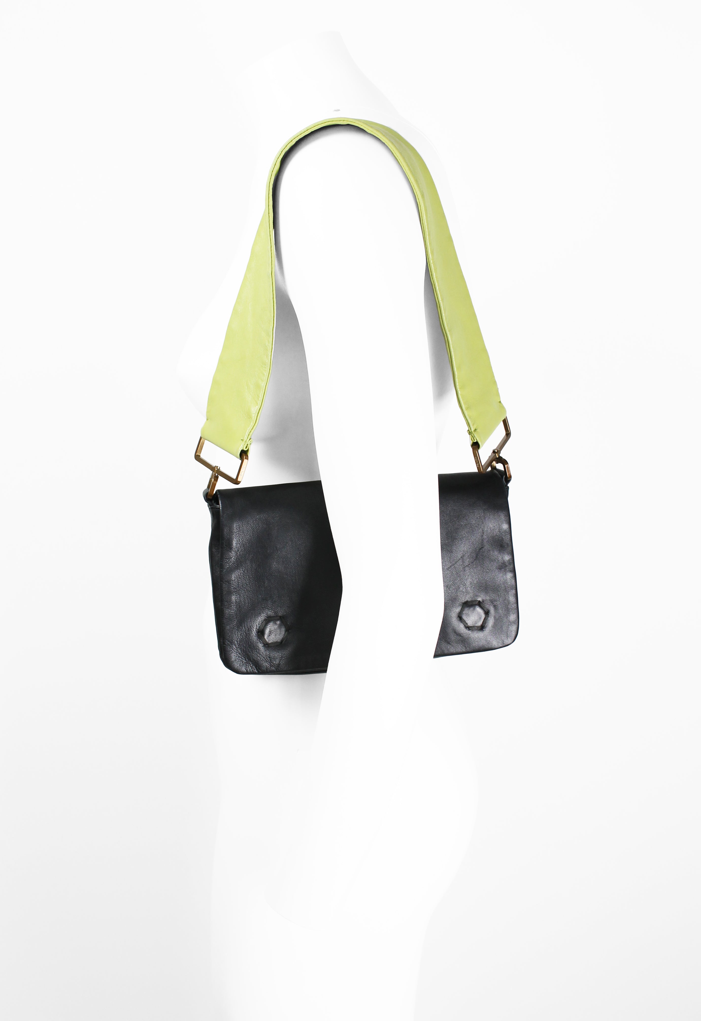 PRADA SS 2001 BLACK AND LIME LEATHER FLAP BAG