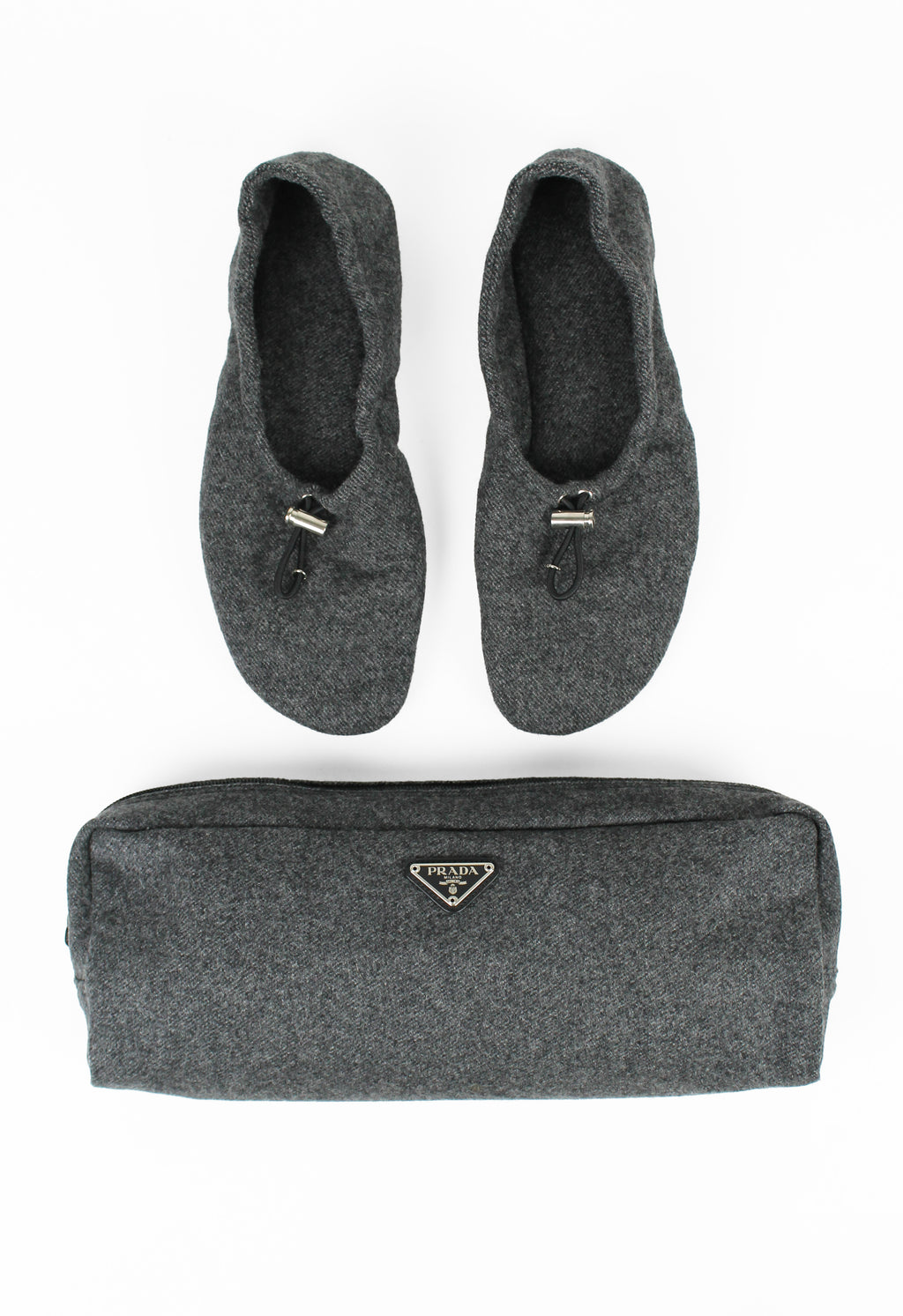 PRADA WOOL TOGGLE SLIPPERS & TRAVEL CASE