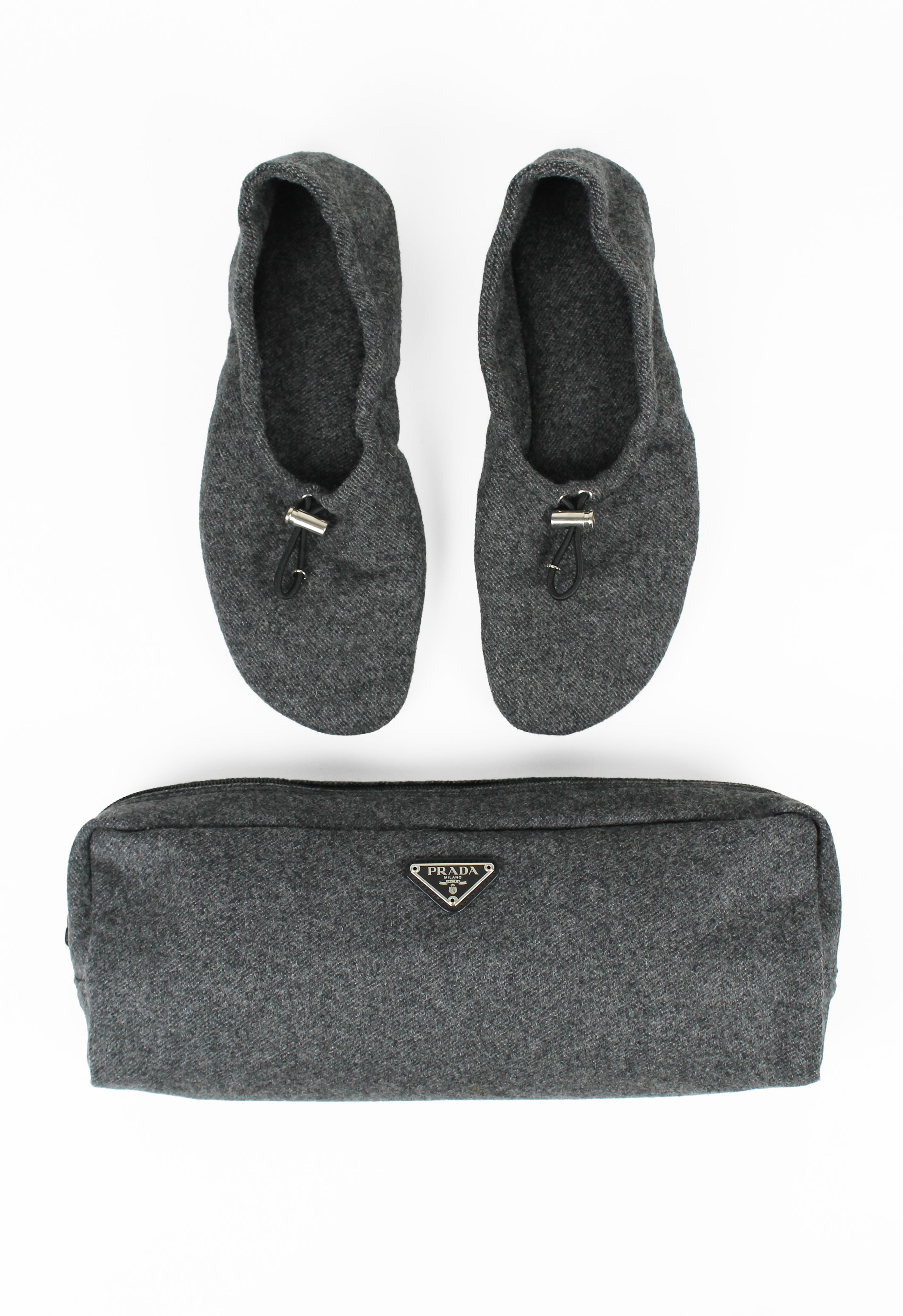 PRADA WOOL TOGGLE SLIPPERS & TRAVEL CASE