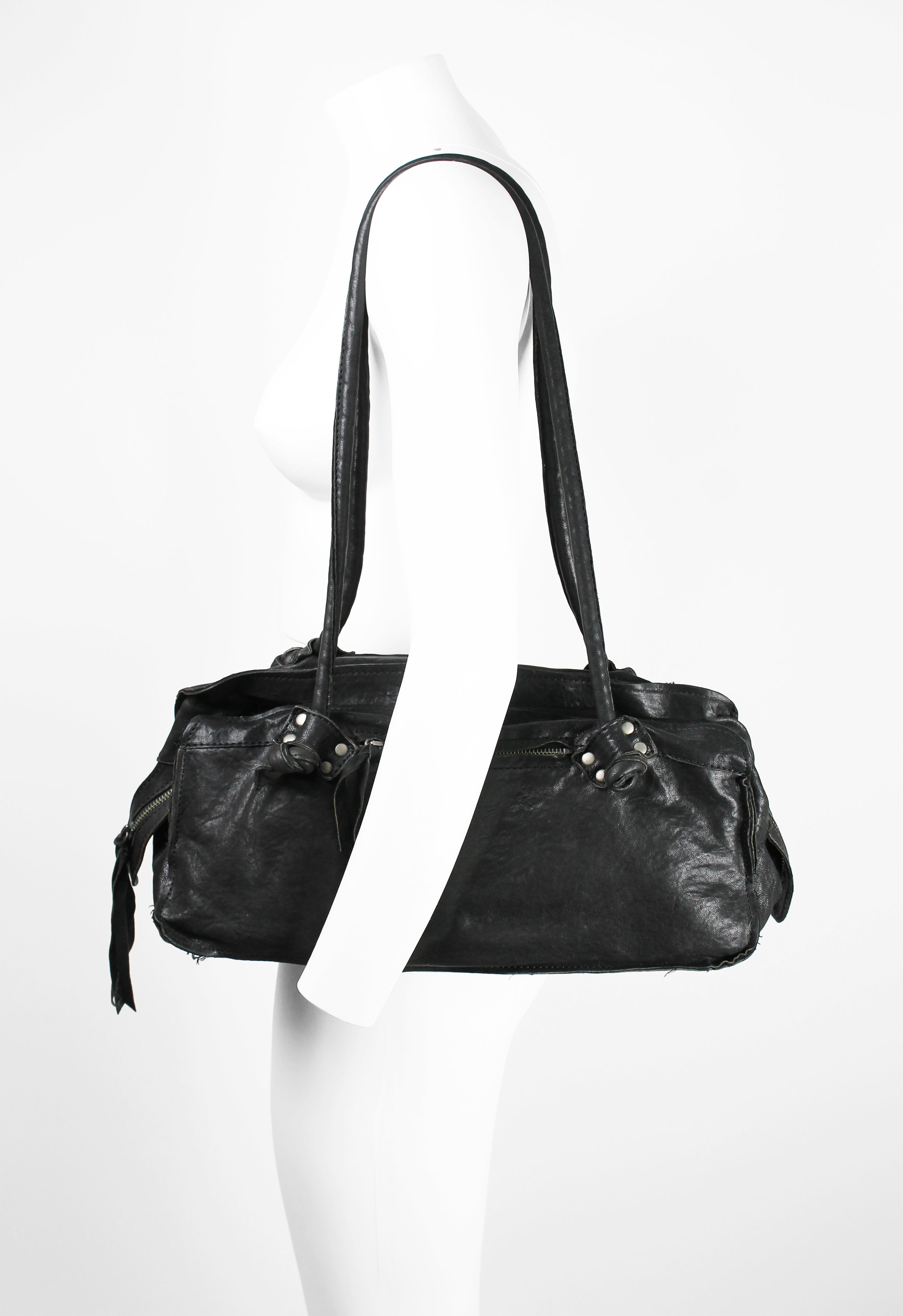 YOHJI YAMAMOTO FW 2010 FRAYED LEATHER SHOULDER BAG
