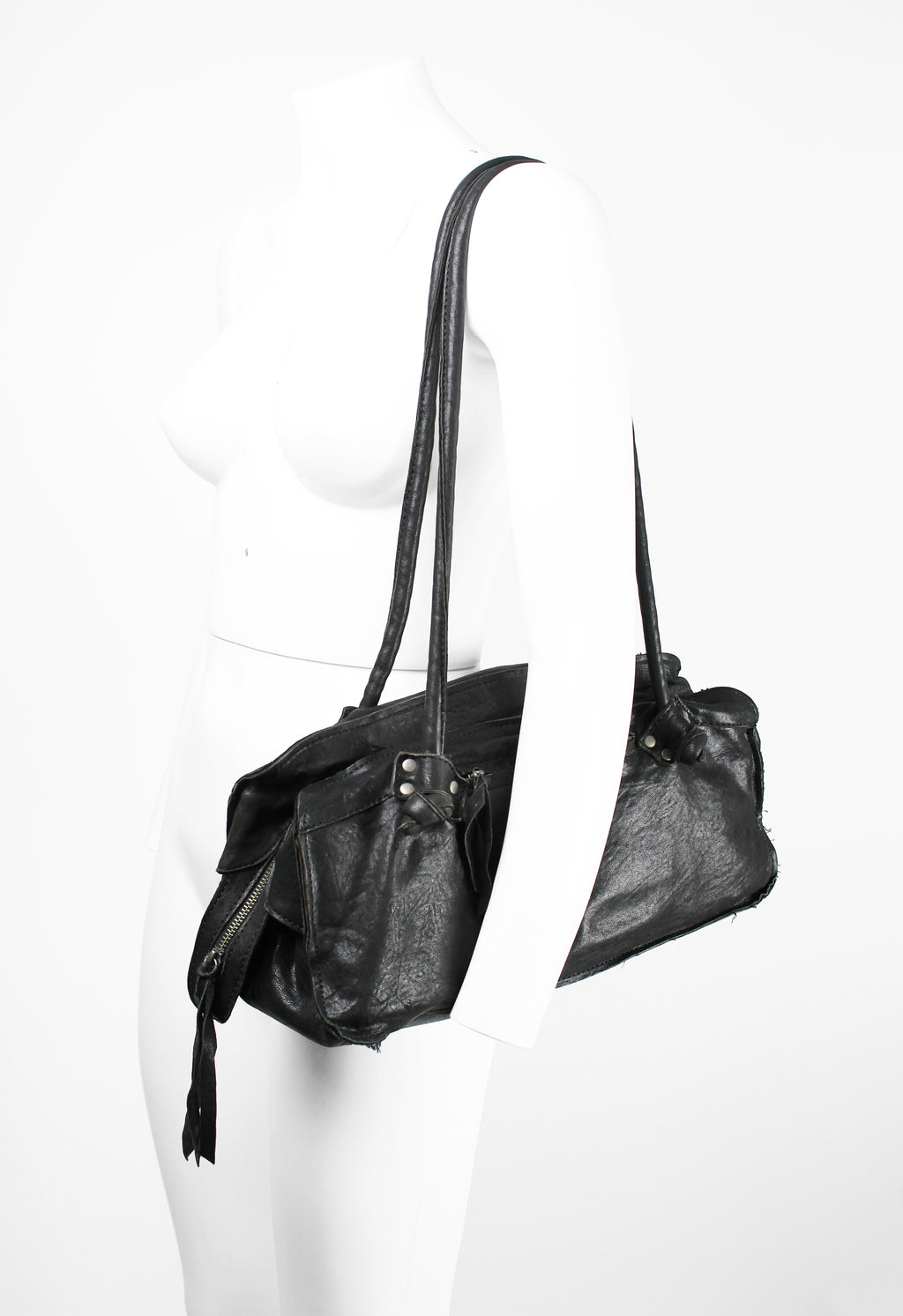 YOHJI YAMAMOTO FW 2010 FRAYED LEATHER SHOULDER BAG