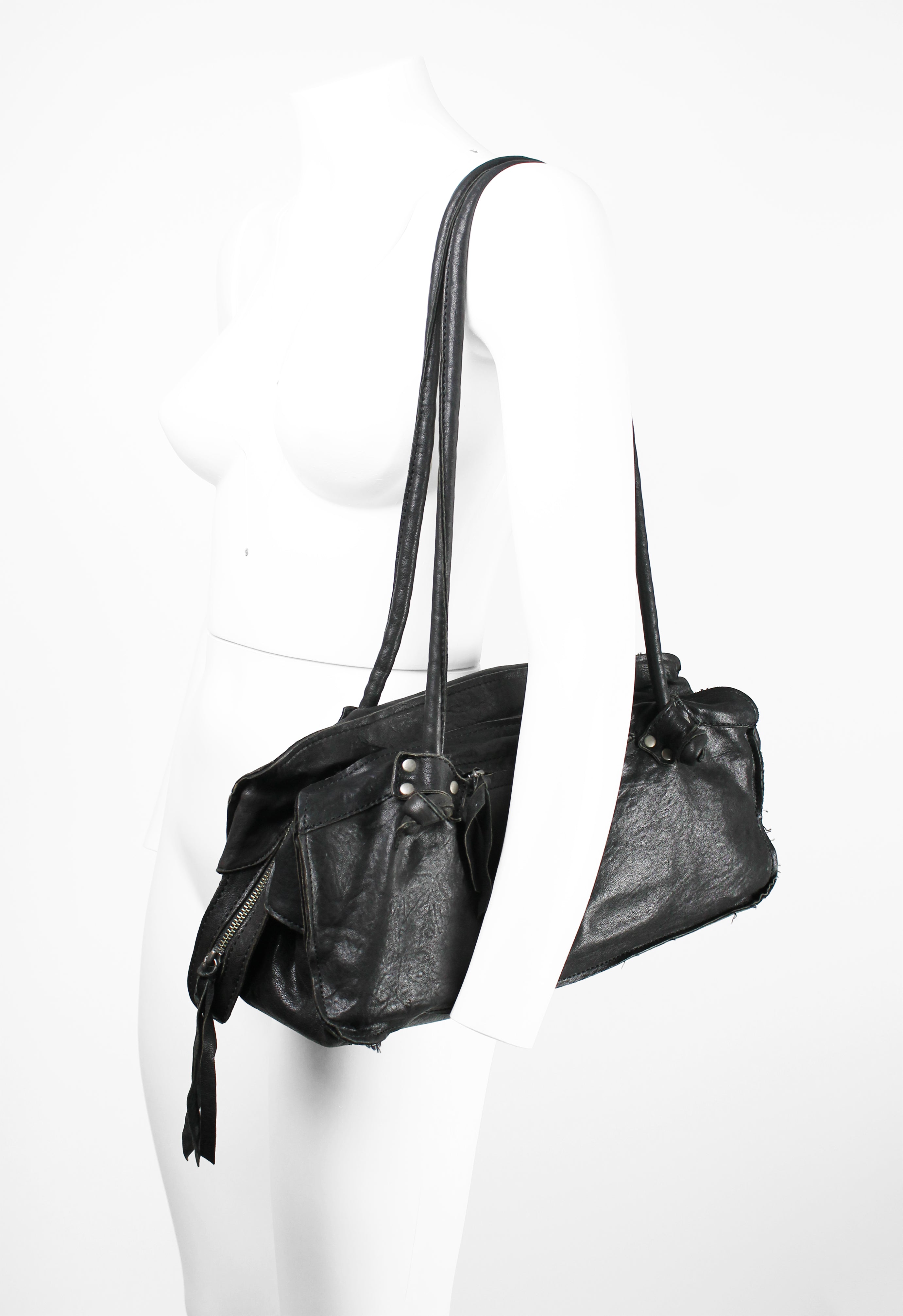 YOHJI YAMAMOTO FW 2010 FRAYED LEATHER SHOULDER BAG