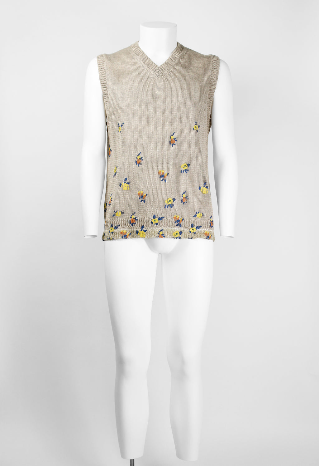 COMME DES GARCONS HOMME PLUS SS 2002 KNITTED LINEN VEST WITH PAINTED FLOWERS