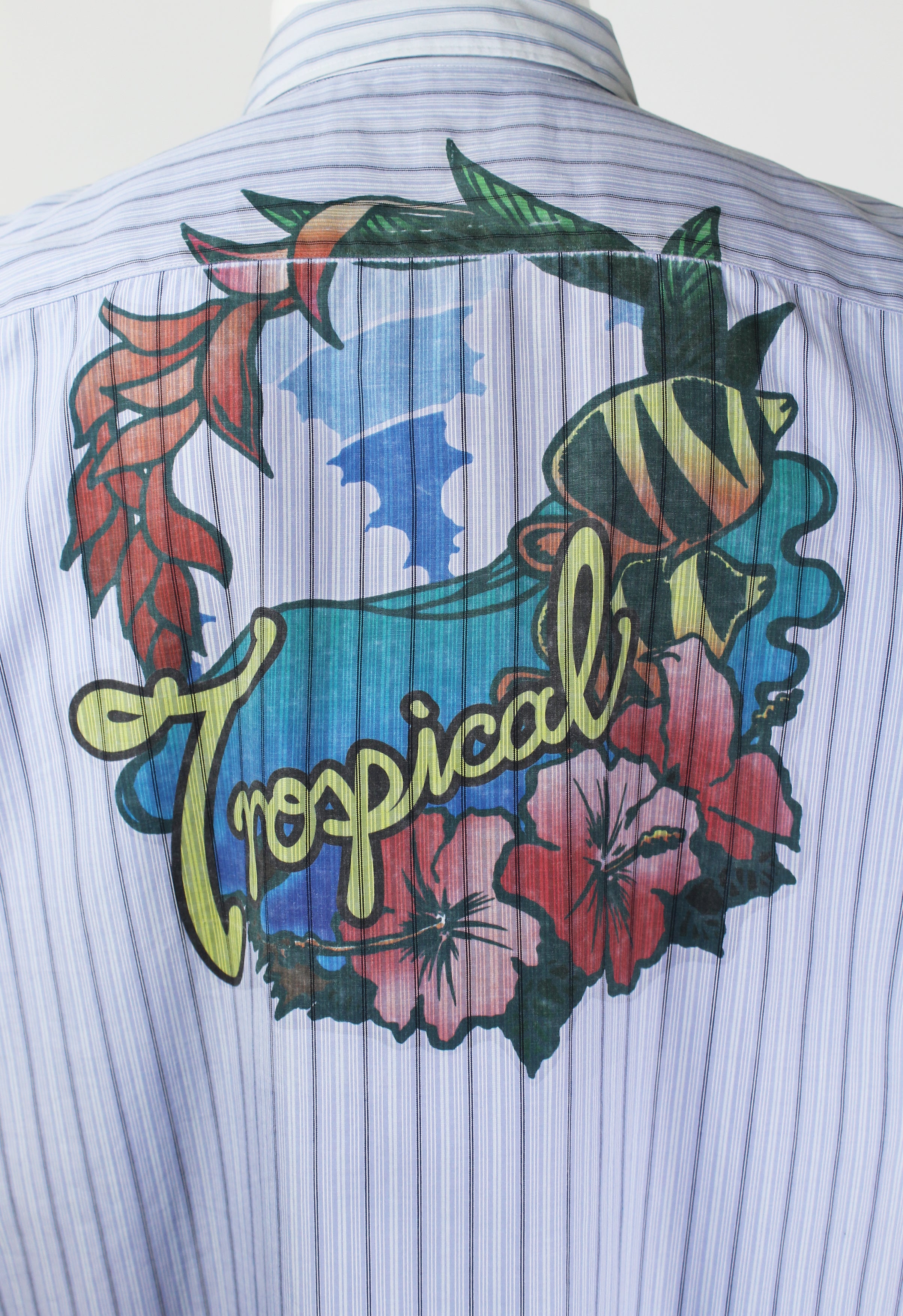 JUNYA WATANABE MAN SS 2003 STRIPED ZIP UP TROPICAL PRINT SHIRT